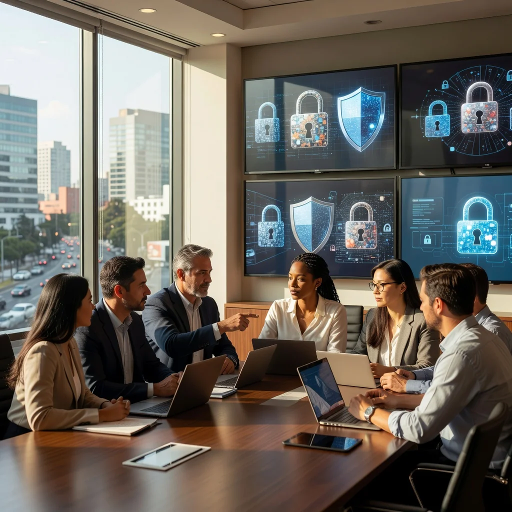 A professional scene in a modern Mexican office where a diverse group of adults is collaboratively reviewing data privacy policies on laptops, symbolizing secure personal data treatment and compliance with Mexican regulations. The atmosphere is focused and trustworthy, with elements like locks or shields subtly indicating data protection, but no legal documents visible.