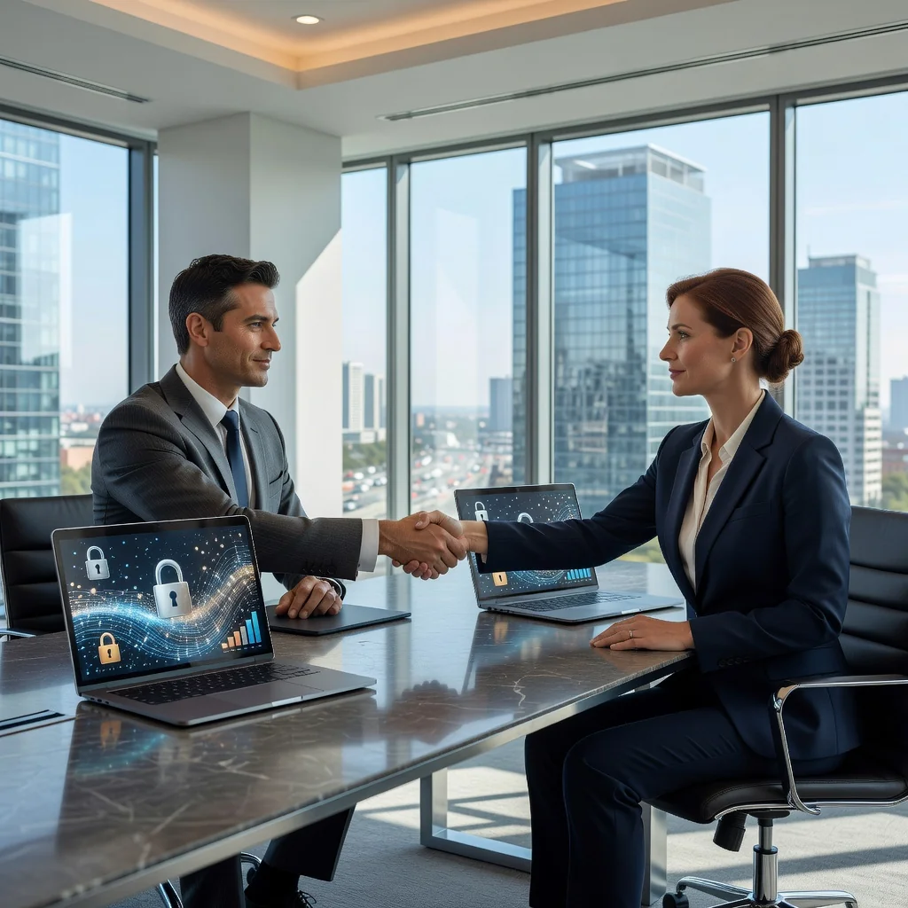A photorealistic image of two professionals in a modern office setting, shaking hands across a conference table with laptops and digital charts displaying data flows and secure locks, symbolizing trust and agreement in data processing without any legal documents visible. The scene conveys collaboration, data security, and professional partnership in a business environment.