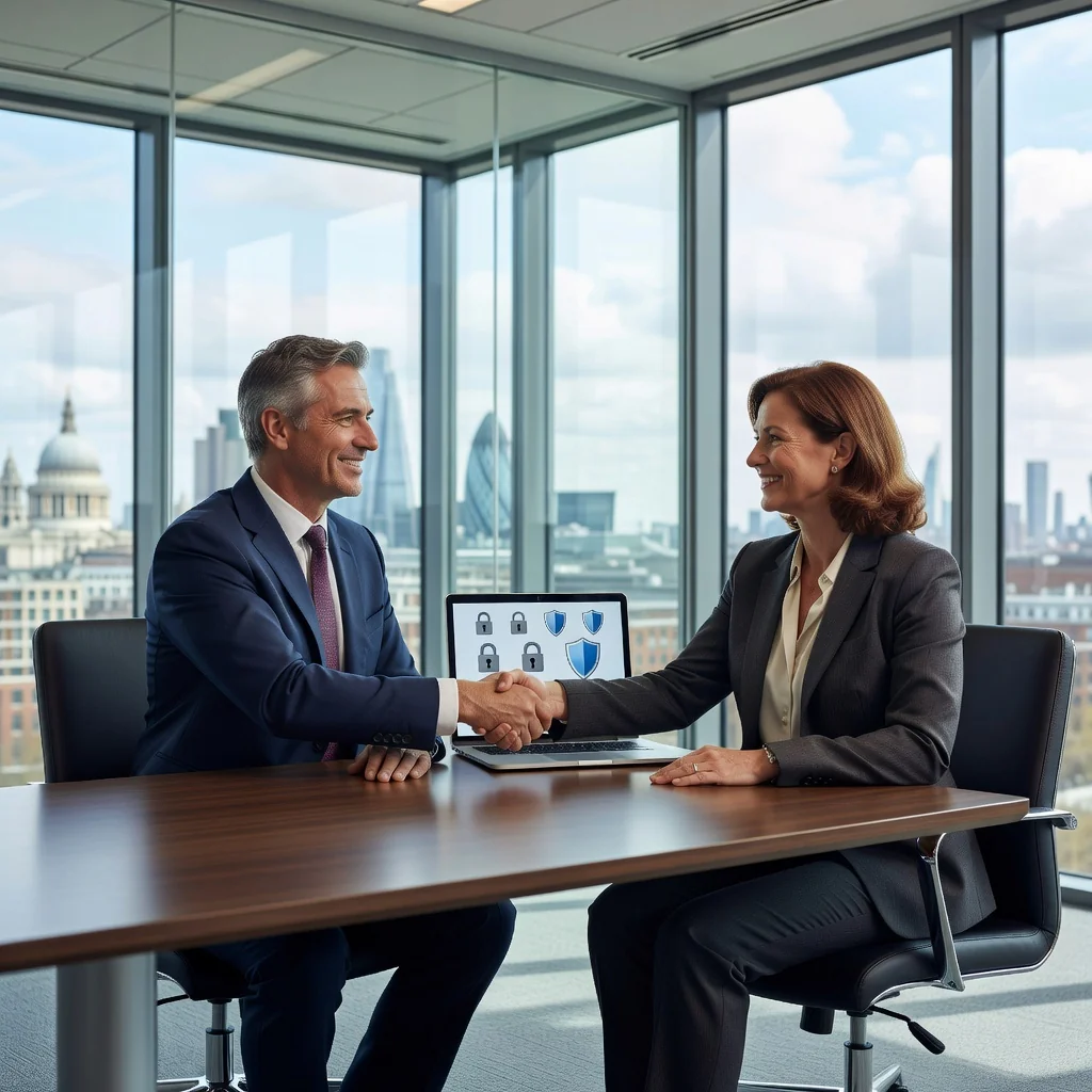 A photorealistic image of two professional adults in a modern office setting, shaking hands over a laptop displaying a data privacy dashboard, symbolizing secure data processing agreements in a UK business context. The atmosphere is collaborative and trustworthy, with subtle UK elements like a Union Jack flag in the background. No children are present.