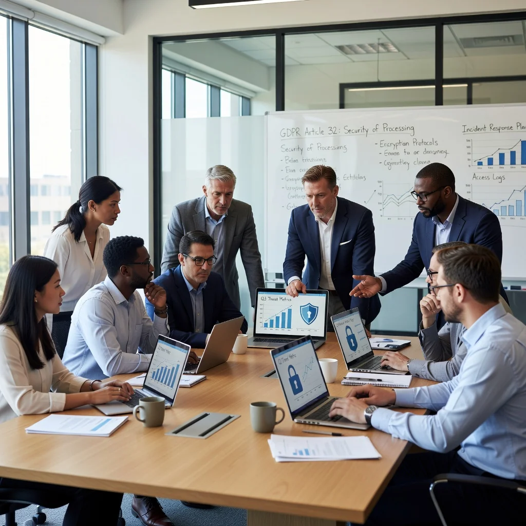 A photorealistic image of a diverse team of professionals in a modern office environment, collaboratively reviewing digital data on secure computer screens, symbolizing data protection and compliance in the UK GDPR framework. The scene conveys trust, security, and professionalism with elements like locked icons or privacy shields subtly integrated into the background, but no actual documents or text visible. No children are present in the image.