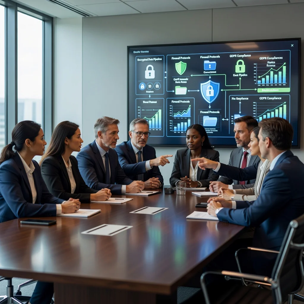 A professional business meeting in a modern US office where executives are discussing data privacy and compliance strategies, symbolizing secure data processing agreements.