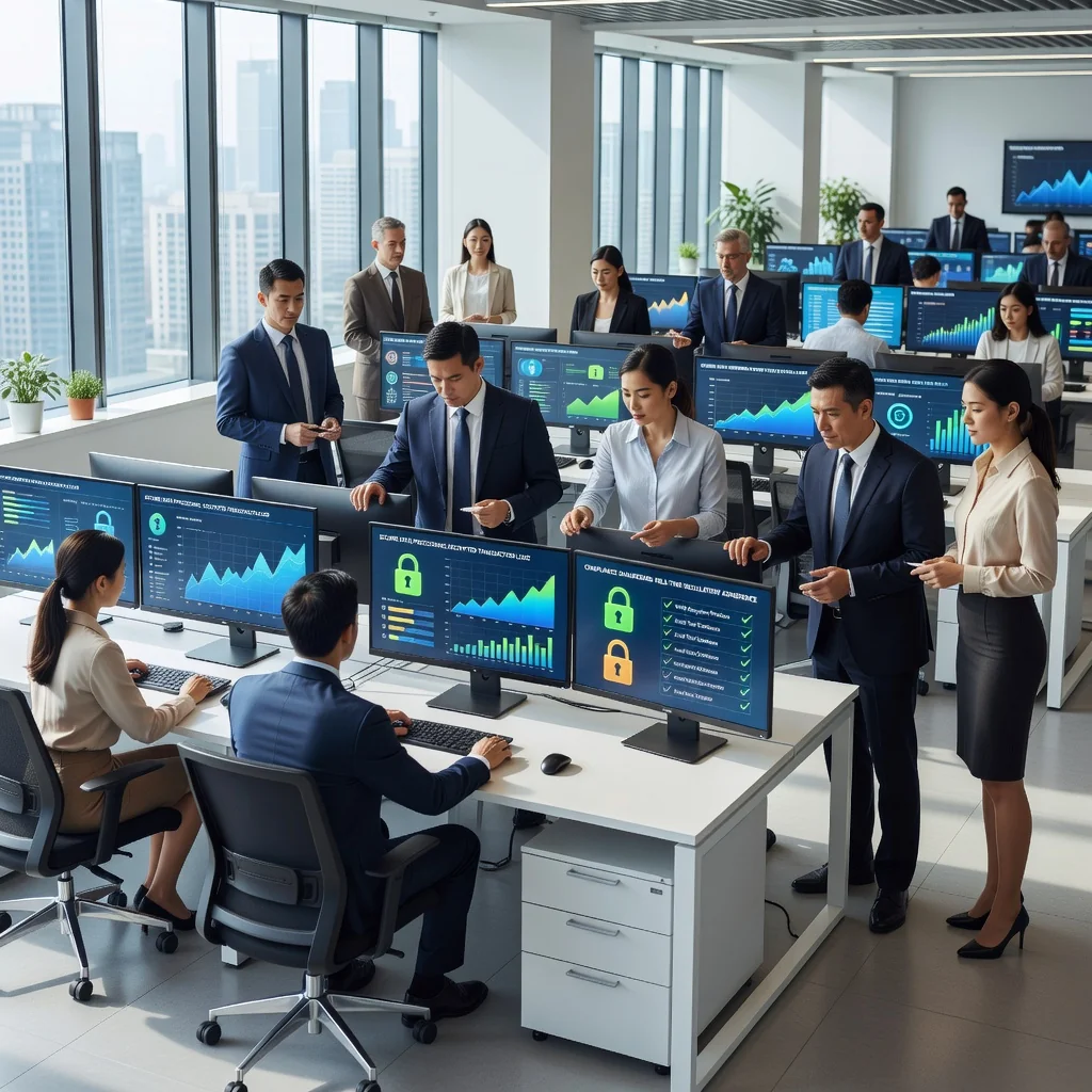 A professional scene in a modern Chinese tech office where data analysts are securely handling digital data on computers, symbolizing compliance and data processing protocols, with elements like secure locks on screens and Chinese flags in the background, photorealistic style, no children present.