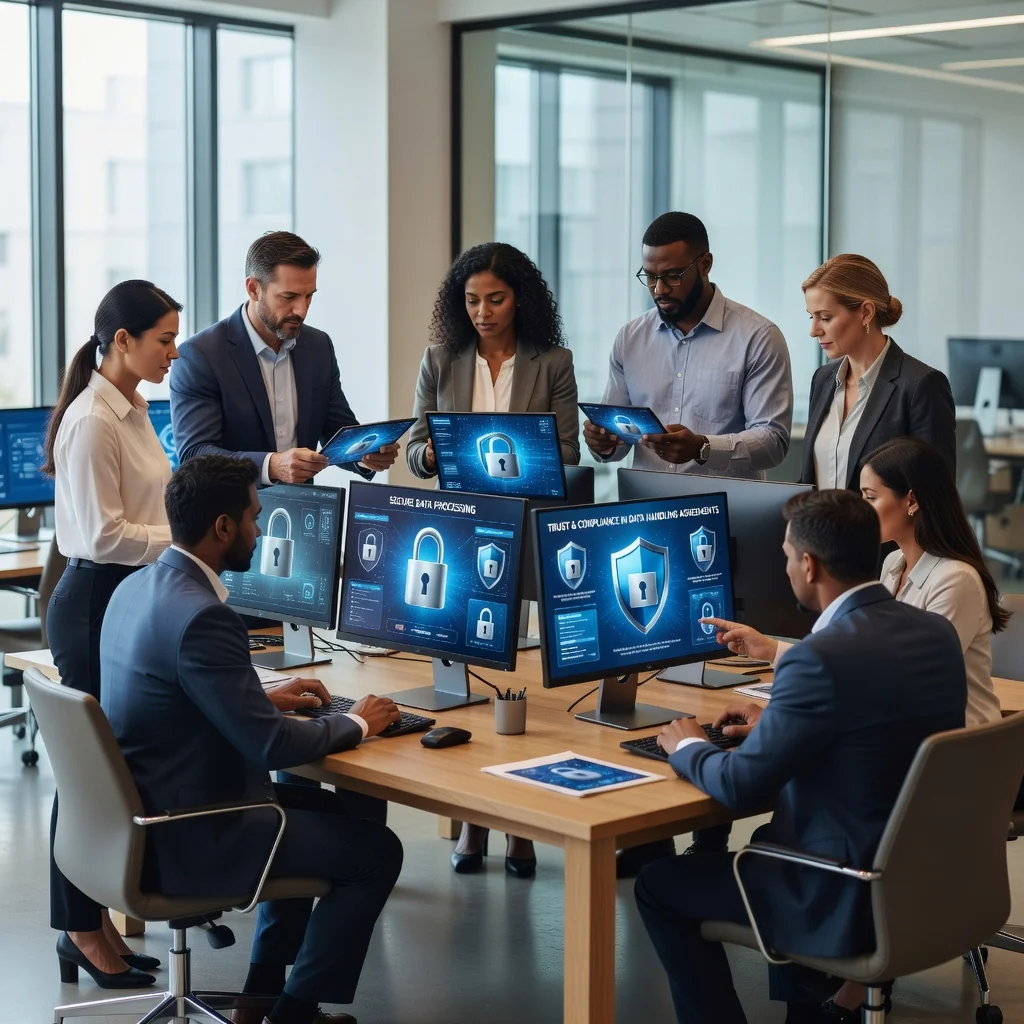 A professional scene depicting data security and privacy in a modern office environment, with a diverse team of adults collaborating on secure data handling, symbolizing the essential clauses in a data processing contract.