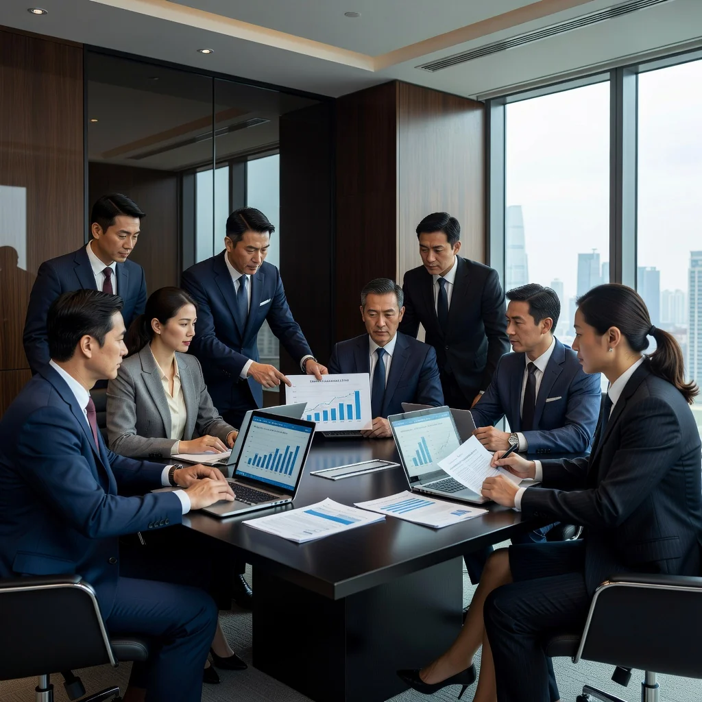 A professional business meeting in a modern Chinese office where executives are discussing data privacy and processing strategies, symbolizing effective data handling agreements in a corporate setting. The scene captures collaboration and security in data management without focusing on documents.