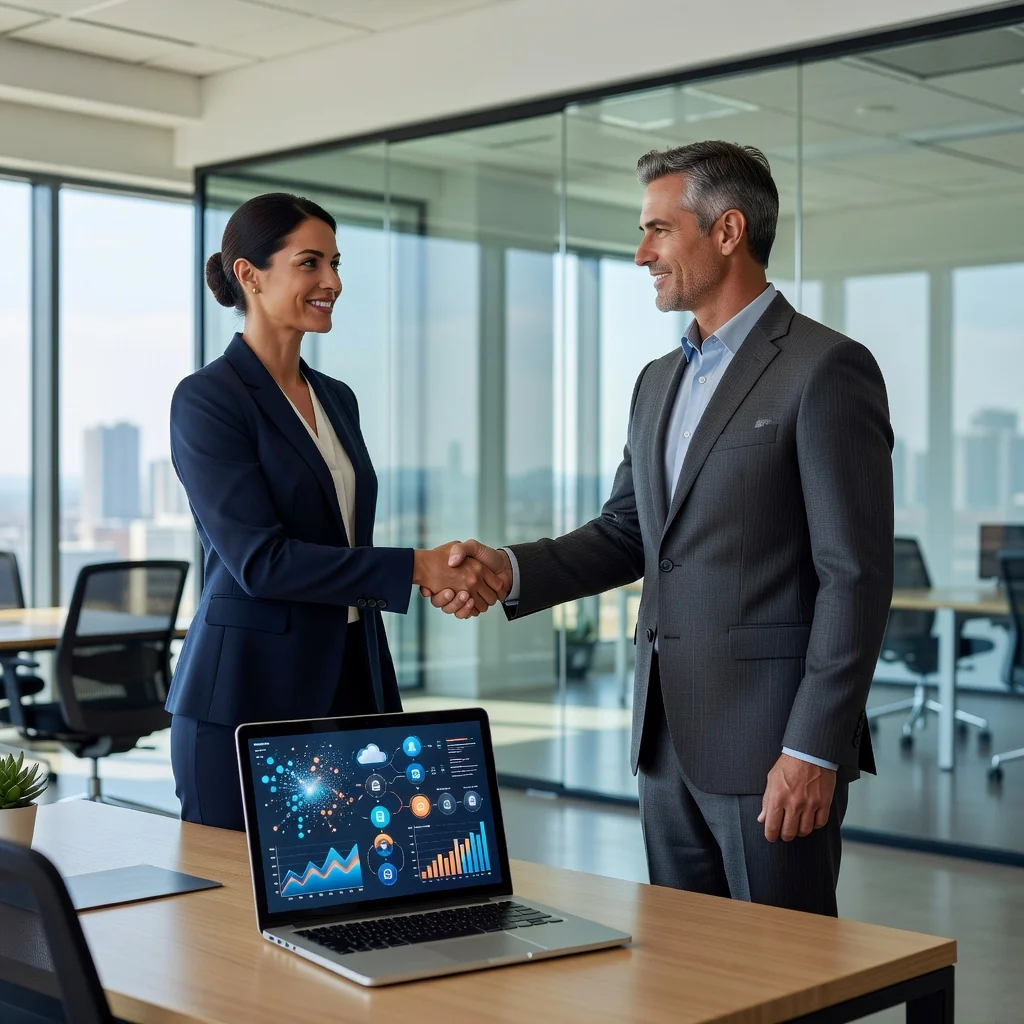 A photorealistic image representing the concept of data processing agreements in business, showing two professionals in a modern office shaking hands over a laptop, symbolizing secure data collaboration and trust between a data controller and processor, with subtle digital data flow elements in the background, no children present, highly detailed and realistic photography style.