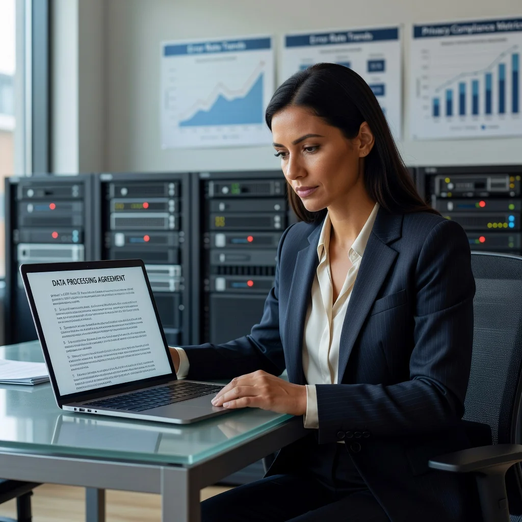 A photorealistic image of a professional adult businesswoman in a modern office setting, carefully reviewing a digital data processing agreement on her laptop screen, with subtle icons representing data security and compliance in the background, conveying themes of avoiding mistakes in US data processing agreements.