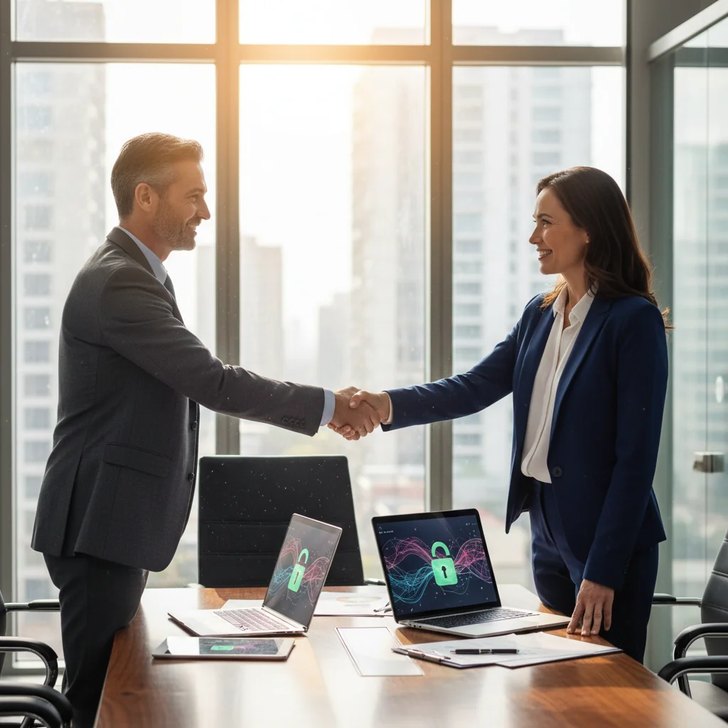A photorealistic image of two professional adults, a man and a woman in business attire, shaking hands across a modern conference table in an office setting, symbolizing a secure data processing agreement. The background includes subtle elements like locked digital icons or secure cloud symbols on a screen, emphasizing data protection and partnership without showing any legal documents. No children are present.