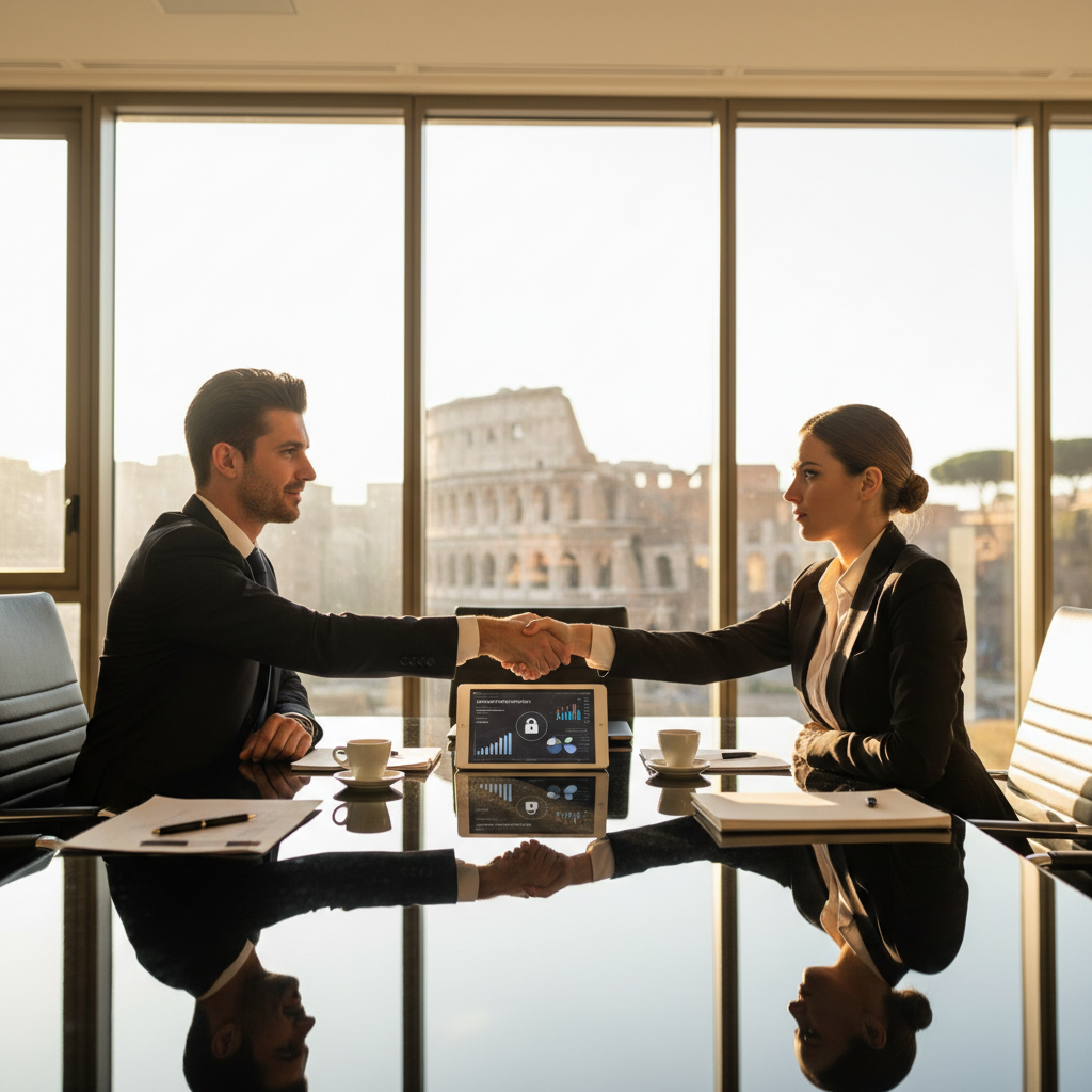 A photorealistic image depicting a professional business meeting in a modern Italian office, where adults are discussing and shaking hands over a data privacy agreement, symbolizing trust and compliance in data processing, with Italian flags or landmarks subtly in the background to evoke Italy, no children present.