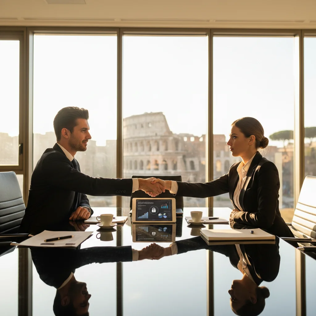 A photorealistic image depicting a professional business meeting in a modern Italian office, where adults are discussing and shaking hands over a data privacy agreement, symbolizing trust and compliance in data processing, with Italian flags or landmarks subtly in the background to evoke Italy, no children present.