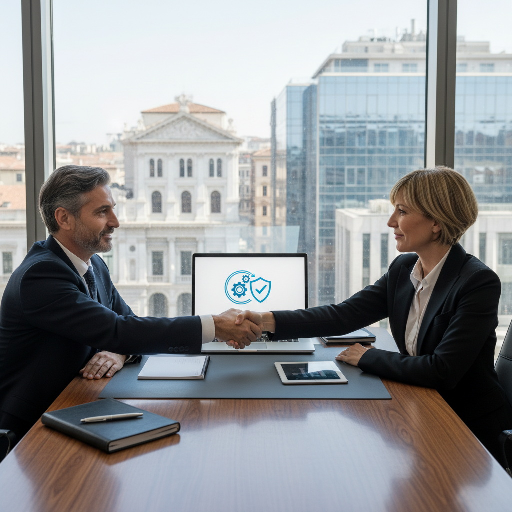 A photorealistic image of two professional adults in a modern office setting in Italy, shaking hands across a desk with a laptop open between them, symbolizing a data processing agreement in a business context, with subtle Italian elements like a flag or architecture in the background. No children, no legal documents visible.