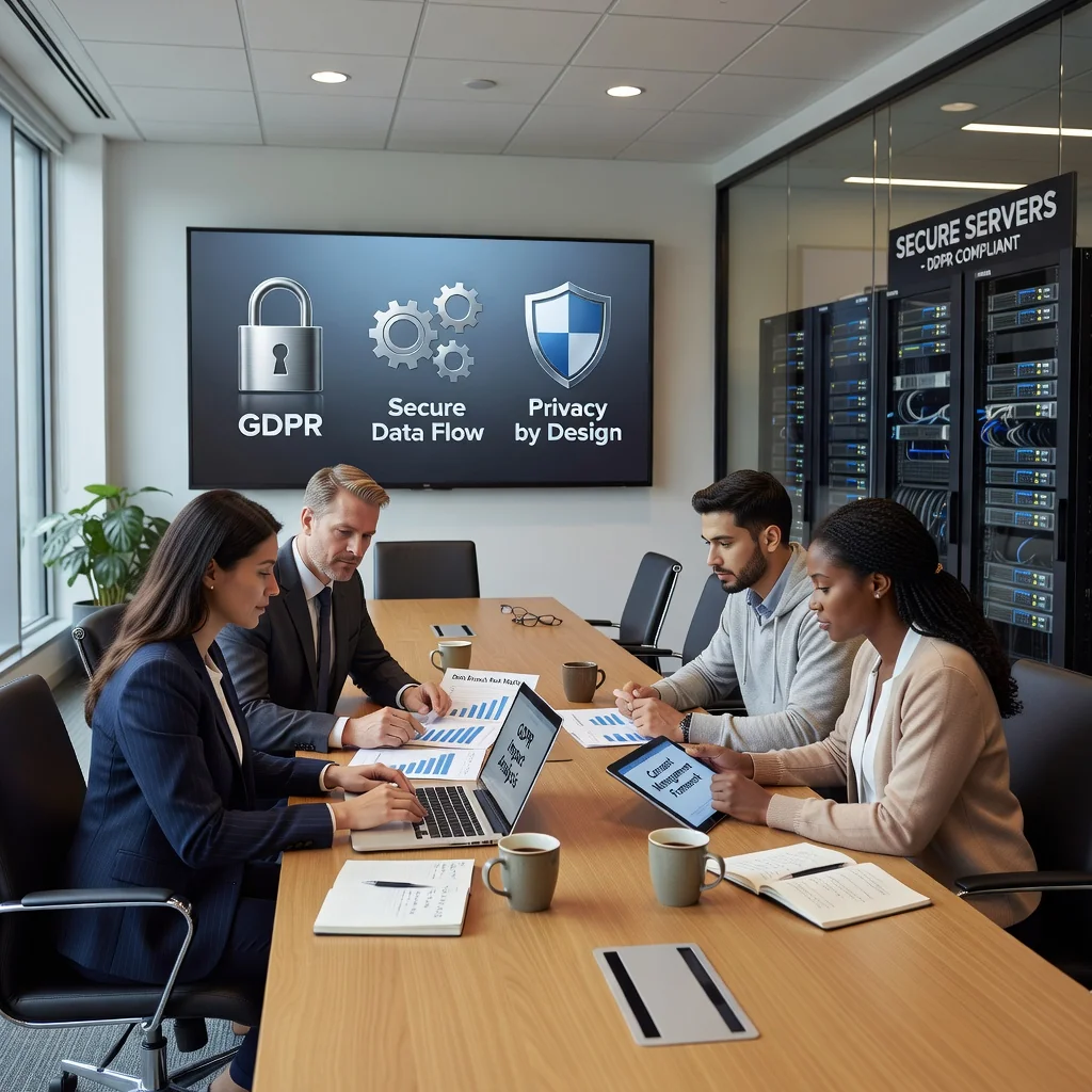 A photorealistic image representing data protection and privacy in a professional setting, showing a diverse group of adults in a modern office discussing secure data handling, with subtle digital locks and shields symbolizing GDPR compliance, no children present.