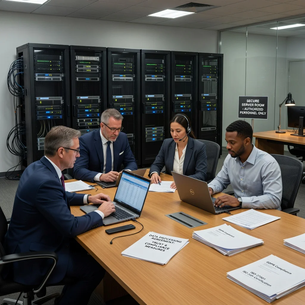 A photorealistic image representing compliance with data protection regulations, showing a diverse group of adults in a modern office setting discussing and reviewing digital security protocols on computers and tablets, symbolizing secure data handling and contractual agreements without displaying any legal documents.
