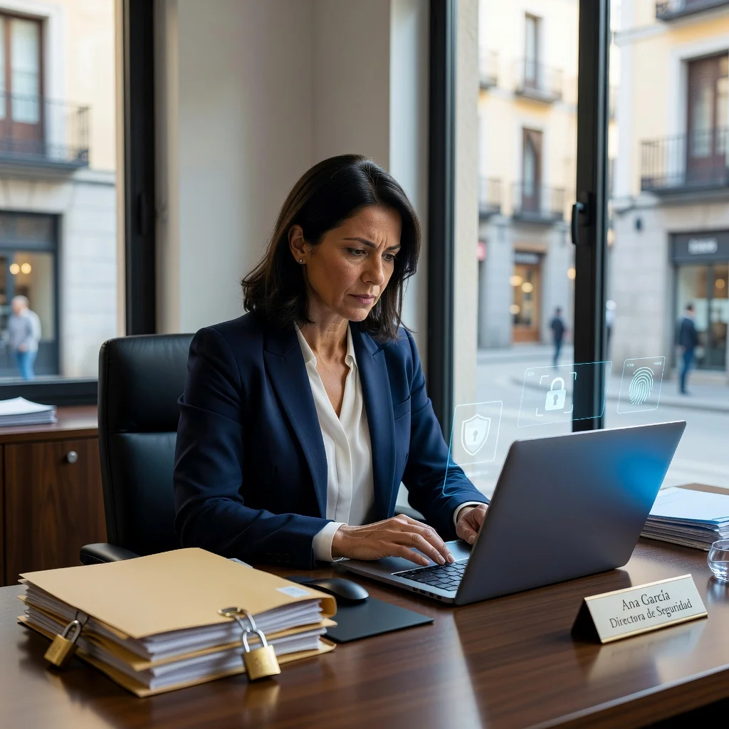 A photorealistic image of a professional woman in a modern office setting, carefully reviewing digital data files on her computer screen, symbolizing secure data processing and compliance in Spain. The scene includes subtle Spanish elements like a flag or map in the background, with a focus on privacy and technology integration.