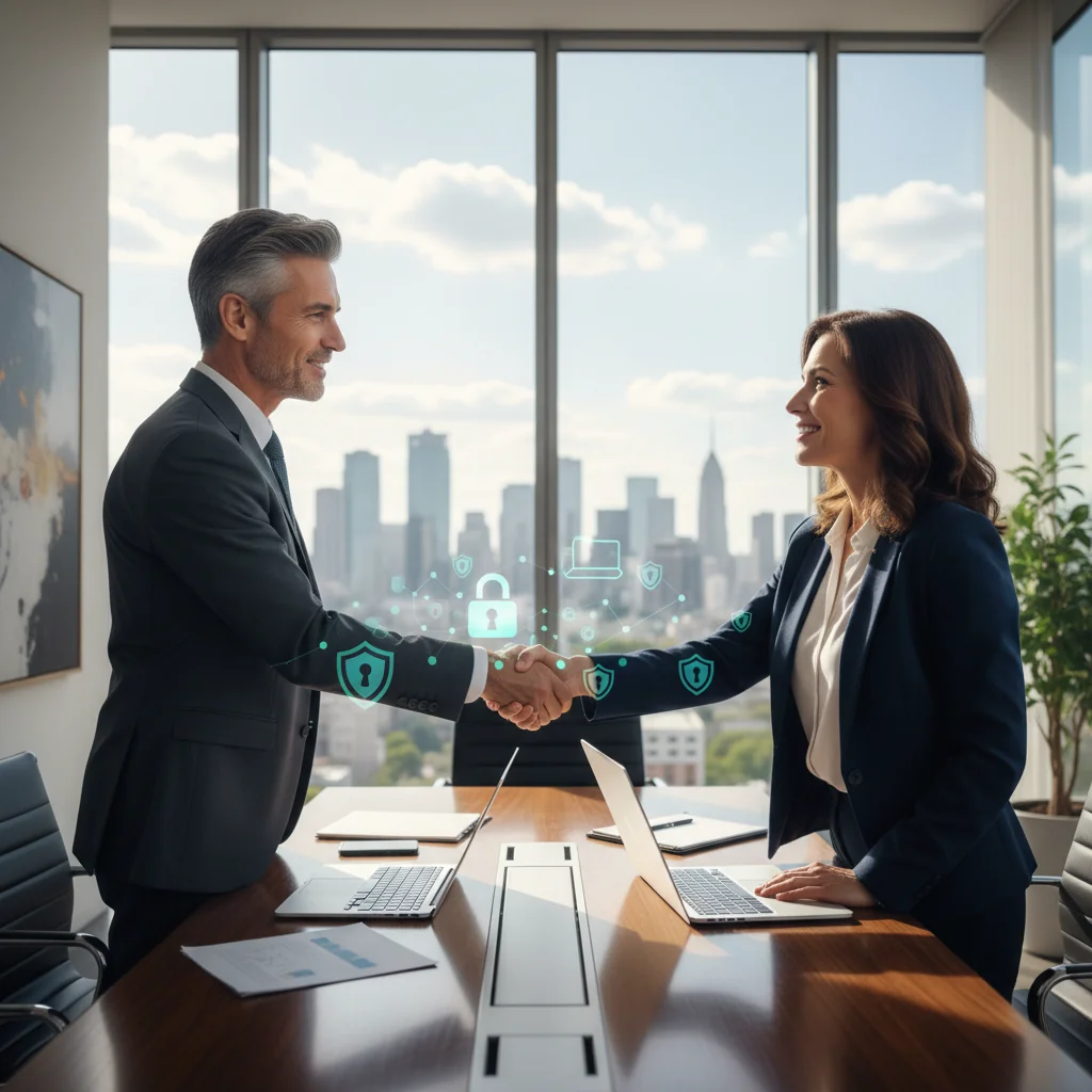 A photorealistic image of two professional adults in a modern office setting, shaking hands across a conference table, symbolizing a successful agreement on data processing without errors, with subtle digital data elements like secure locks and network icons in the background, conveying trust and compliance in data handling.
