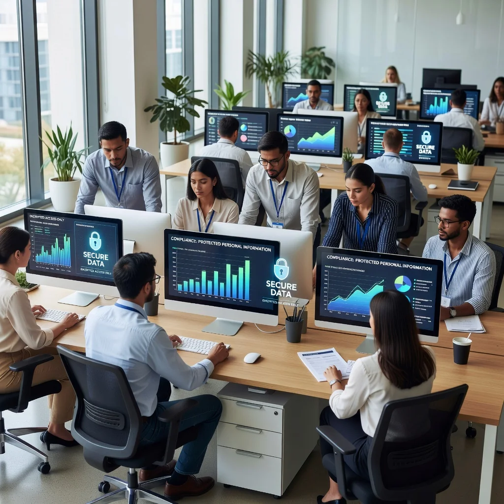 A professional office setting showing a diverse group of adults working collaboratively on laptops and discussing data security, symbolizing compliance with data protection laws. The atmosphere is secure and organized, with subtle elements like locked filing cabinets and digital locks on screens, representing the safe handling of personal data under a Data Processing Agreement.