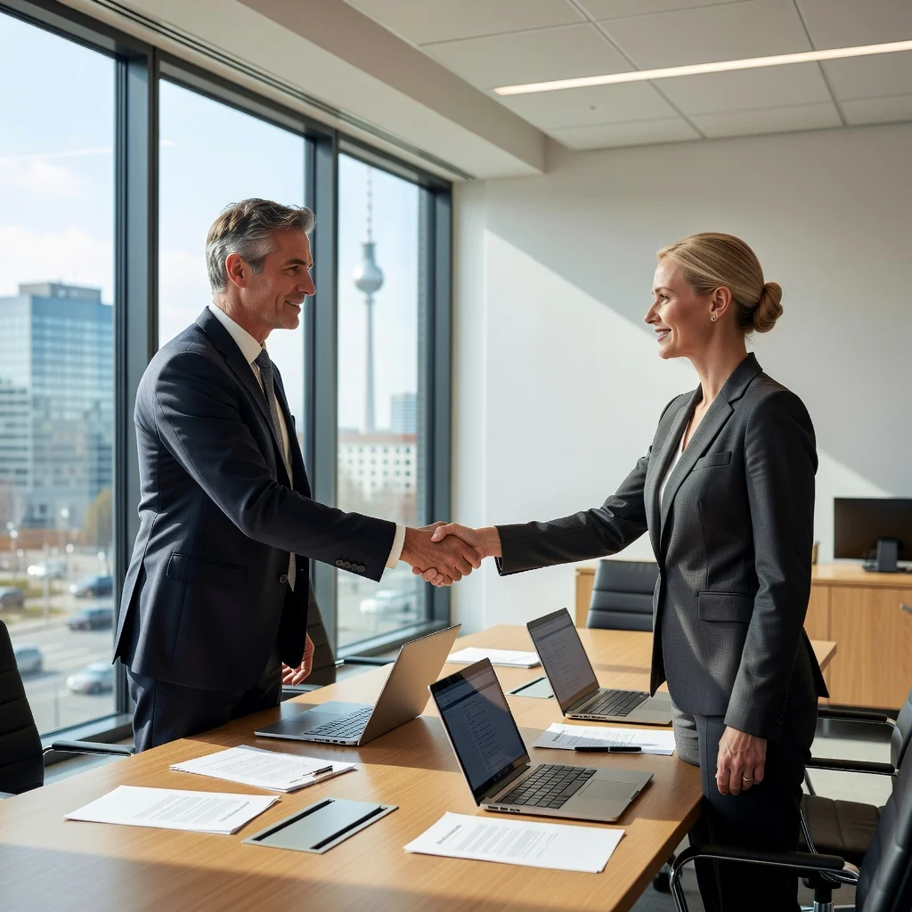 A photorealistic image depicting a professional business meeting in a modern German office, where a data protection officer and a company executive are shaking hands over a table, symbolizing compliance and agreement on data processing contracts. The scene conveys trust, professionalism, and legal security in handling personal data, with subtle German elements like a flag or Berlin skyline in the background. No children are present.