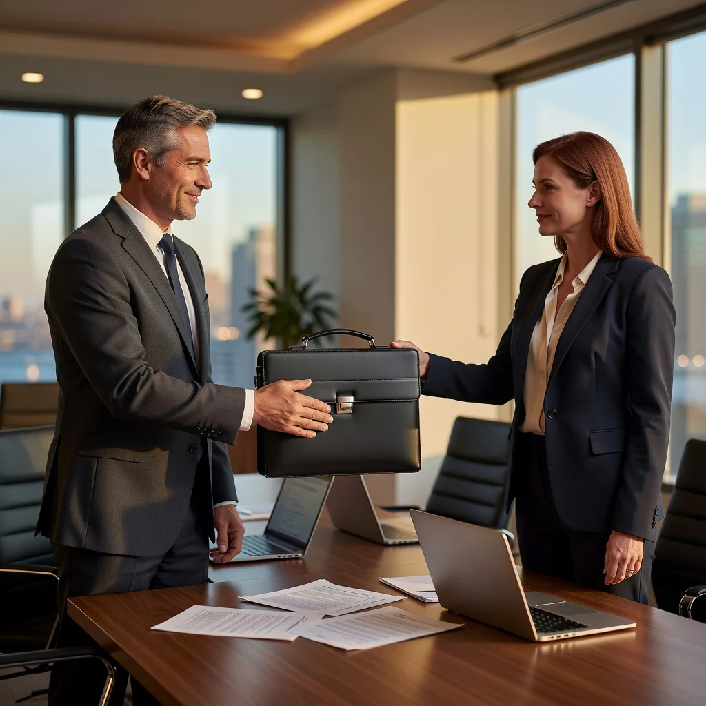 A photorealistic image depicting a professional business meeting between two adults, one handing over a symbolic briefcase to represent order processing agreement, in a modern office setting, conveying trust and collaboration in business services.