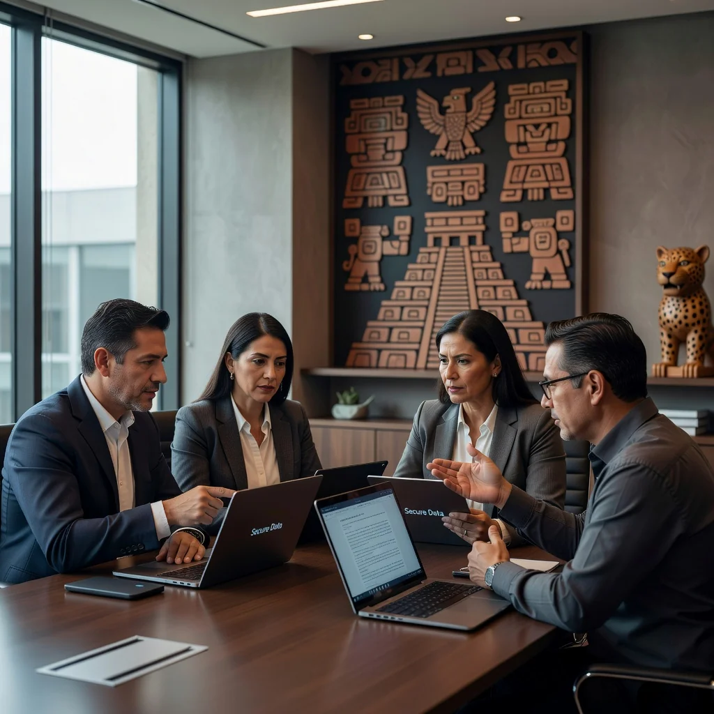 A photorealistic image depicting a professional business meeting in a modern Mexican office, where diverse adult professionals are discussing data privacy and contract terms on laptops and documents, symbolizing secure data handling in compliance with Mexican regulations. No children present.