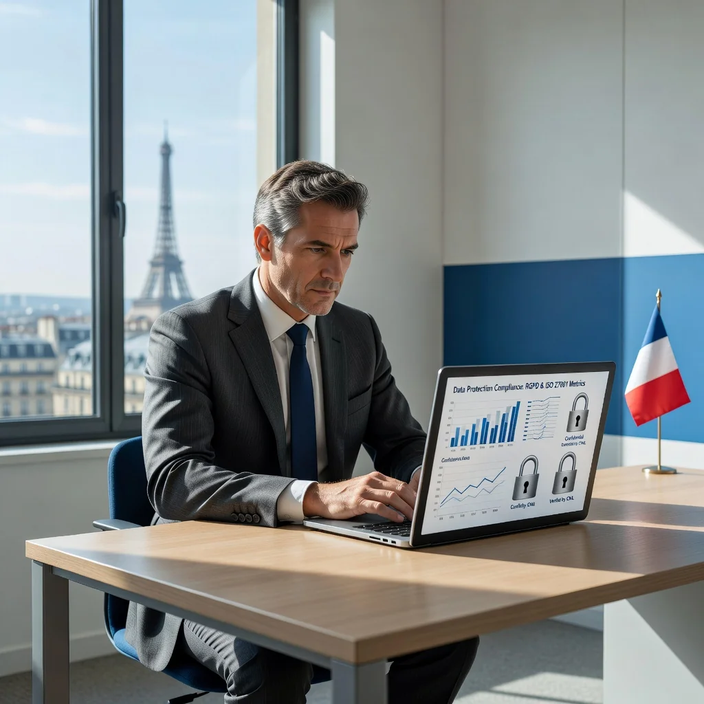 A photorealistic image depicting a professional in a modern office setting, carefully reviewing data privacy guidelines on a computer screen, symbolizing compliance with data processing regulations in France. The scene includes elements like a French flag subtly in the background, secure data icons on the screen, and a sense of security and professionalism. No children are present in the image.