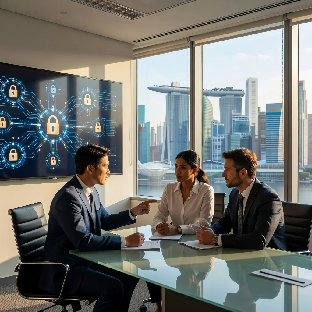 A photorealistic image representing data protection and secure information sharing in a business context in Singapore. It shows a diverse group of professionals in a modern office setting, discussing over a digital tablet displaying abstract data flow icons, with subtle Singapore skyline in the background through large windows. The atmosphere is collaborative and secure, emphasizing trust and compliance without showing any legal documents.