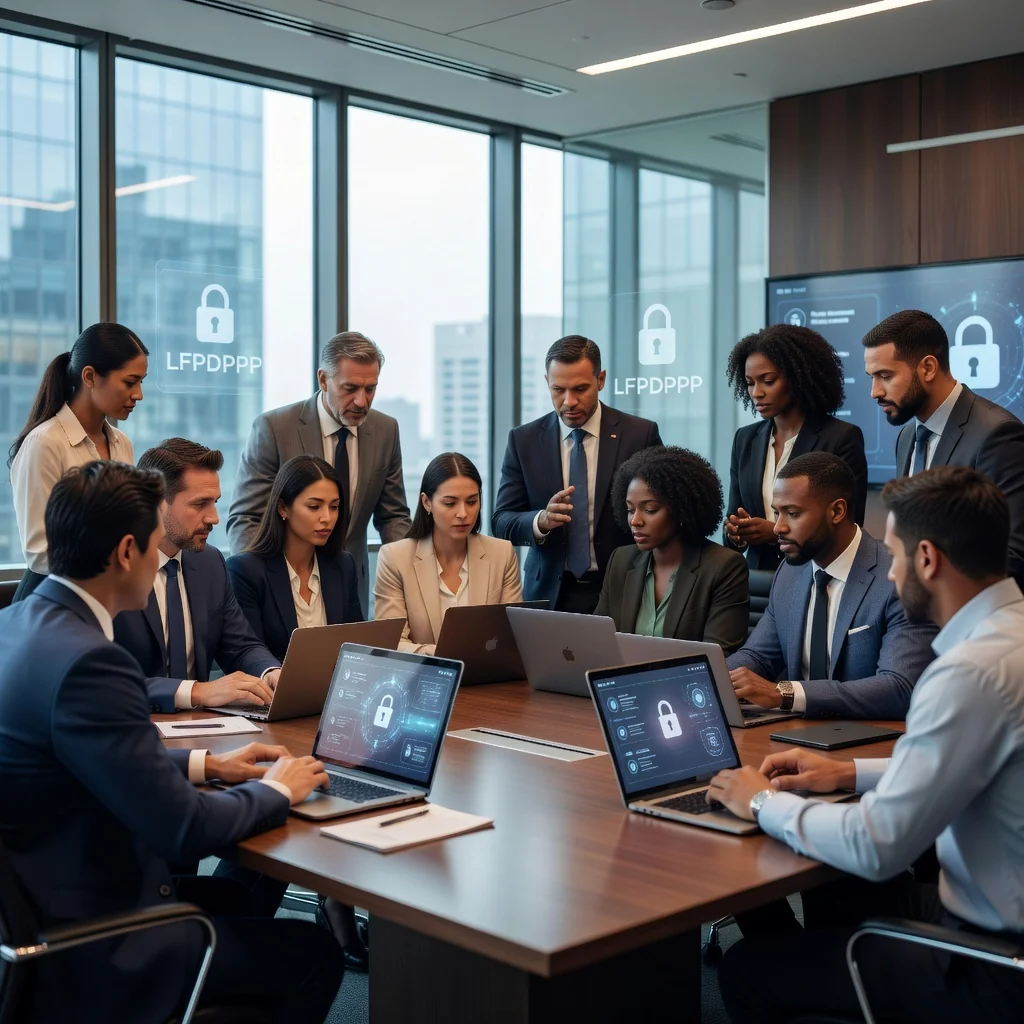 A photorealistic image depicting a professional business meeting in a modern office where adults are discussing and reviewing data protection agreements on laptops, symbolizing legal obligations in personal data protection contracts, with no children present and no focus on legal documents themselves.