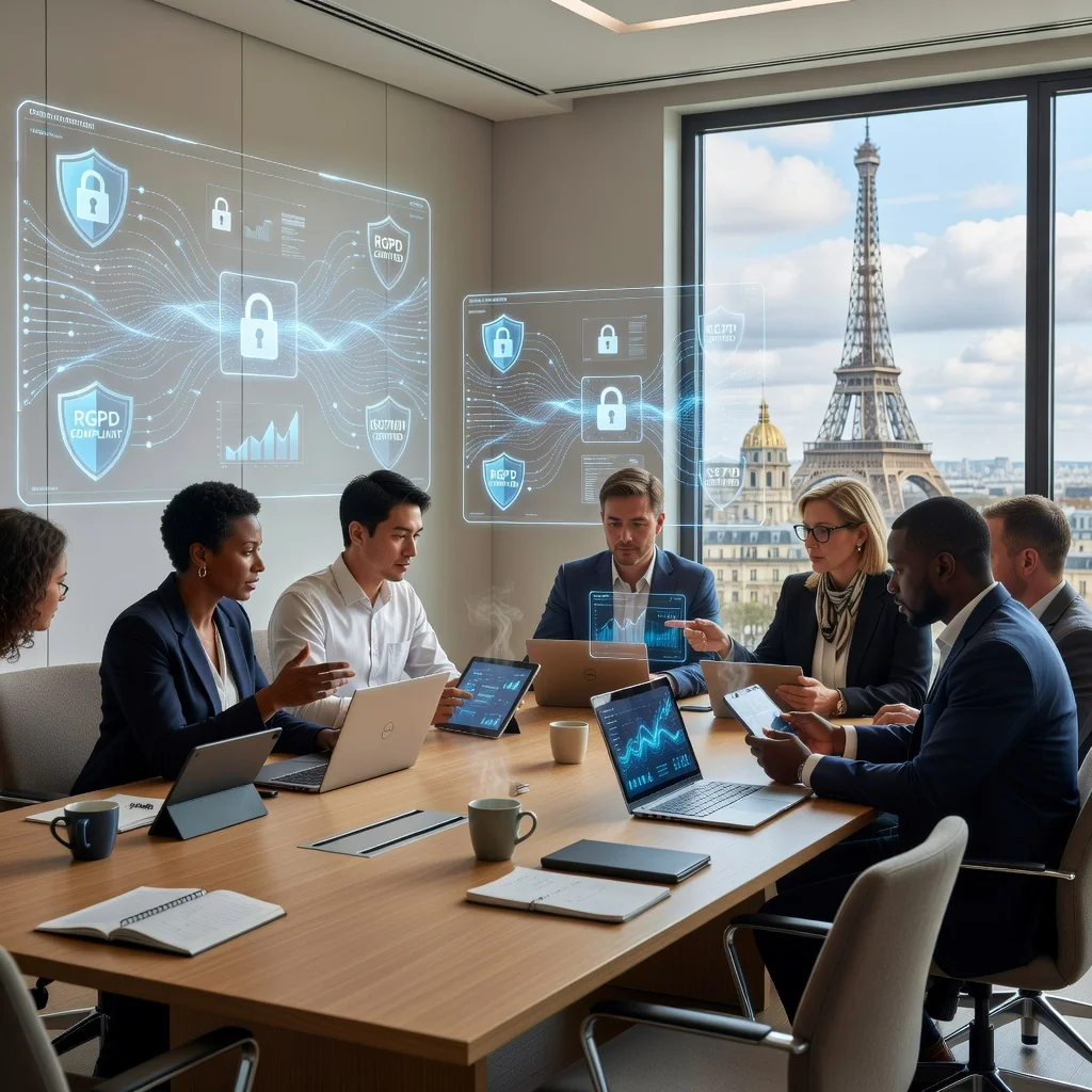 A photorealistic image representing data processing and privacy in a professional French business context, showing diverse adults in a modern office collaborating on secure data management, with subtle French elements like the Eiffel Tower in the background view, evoking trust and compliance without focusing on documents.