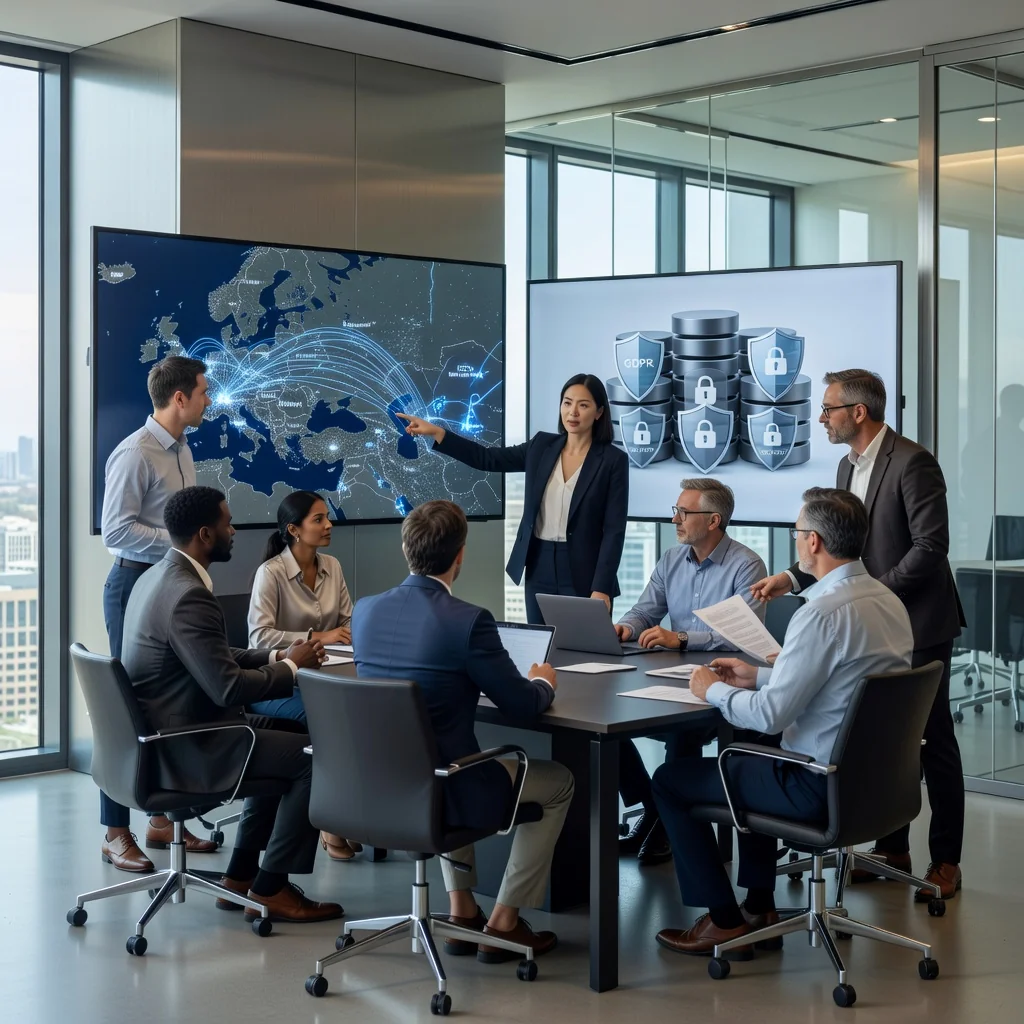 A photorealistic image symbolizing the comparison of data processing protocols between GDPR and Chinese regulations, featuring a diverse group of adult professionals in a modern conference room, discussing data privacy with laptops and digital interfaces on screens showing abstract data flows and global maps of Europe and China, emphasizing secure information exchange without any focus on legal documents.
