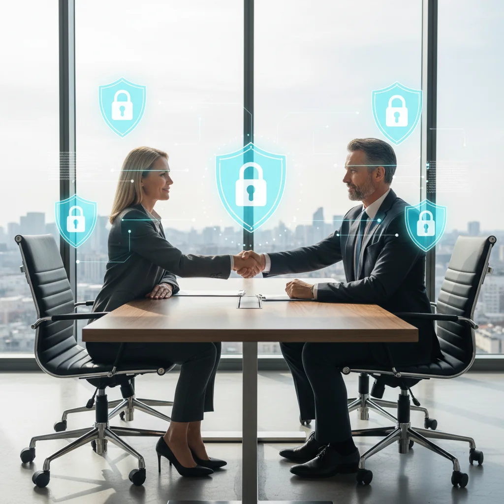 A photorealistic image of two professional adults in a modern office setting, shaking hands over a conference table with subtle digital security icons like locks and shields floating in the background, symbolizing a data processing agreement under GDPR, conveying trust, compliance, and data protection without showing any legal documents or children.