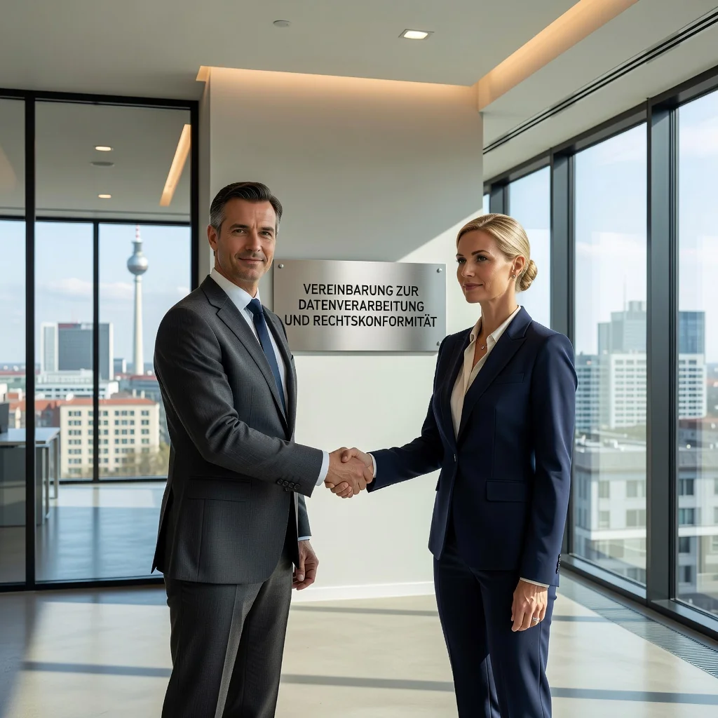 A photorealistic image representing data processing agreements in Germany, showing a professional business meeting between two adults in a modern office, discussing compliance and data security, with German flags or subtle national elements in the background, conveying trust and legal protection without focusing on documents.