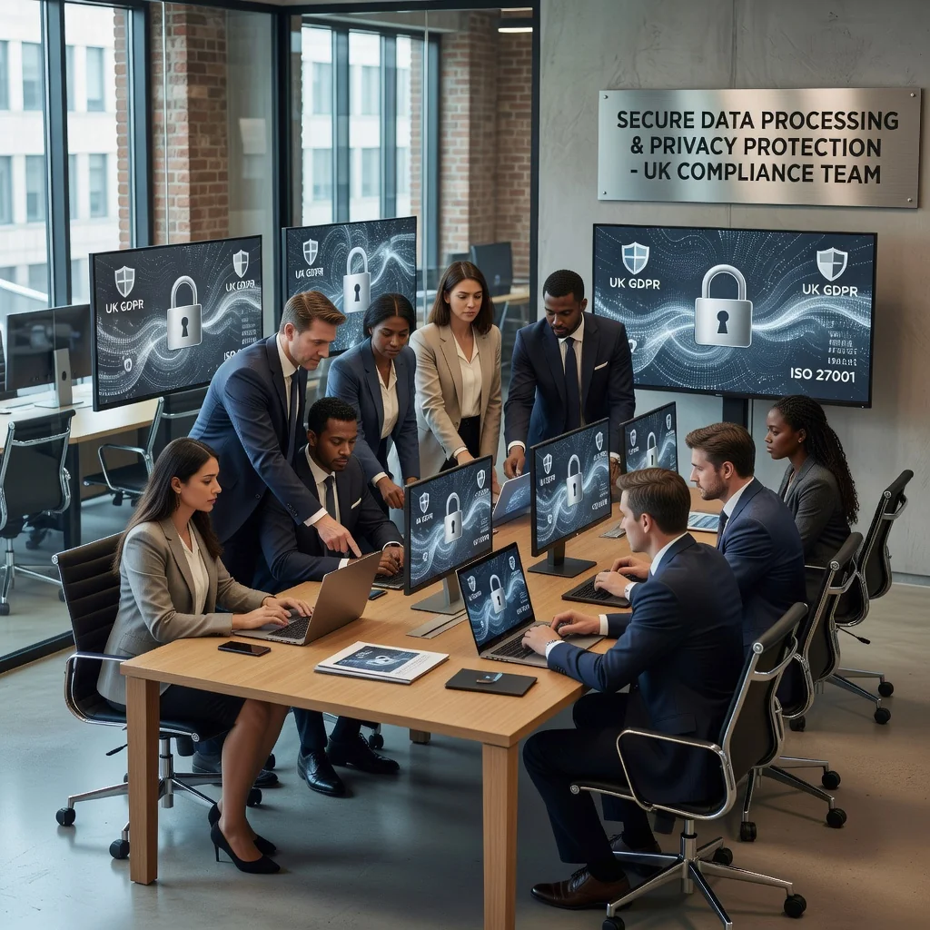 A photorealistic image representing data protection and privacy in the UK, showing a diverse group of adult professionals in a modern office setting, reviewing digital data on secure computers, with subtle UK elements like a Union Jack flag in the background, emphasizing trust and compliance without showing any documents.