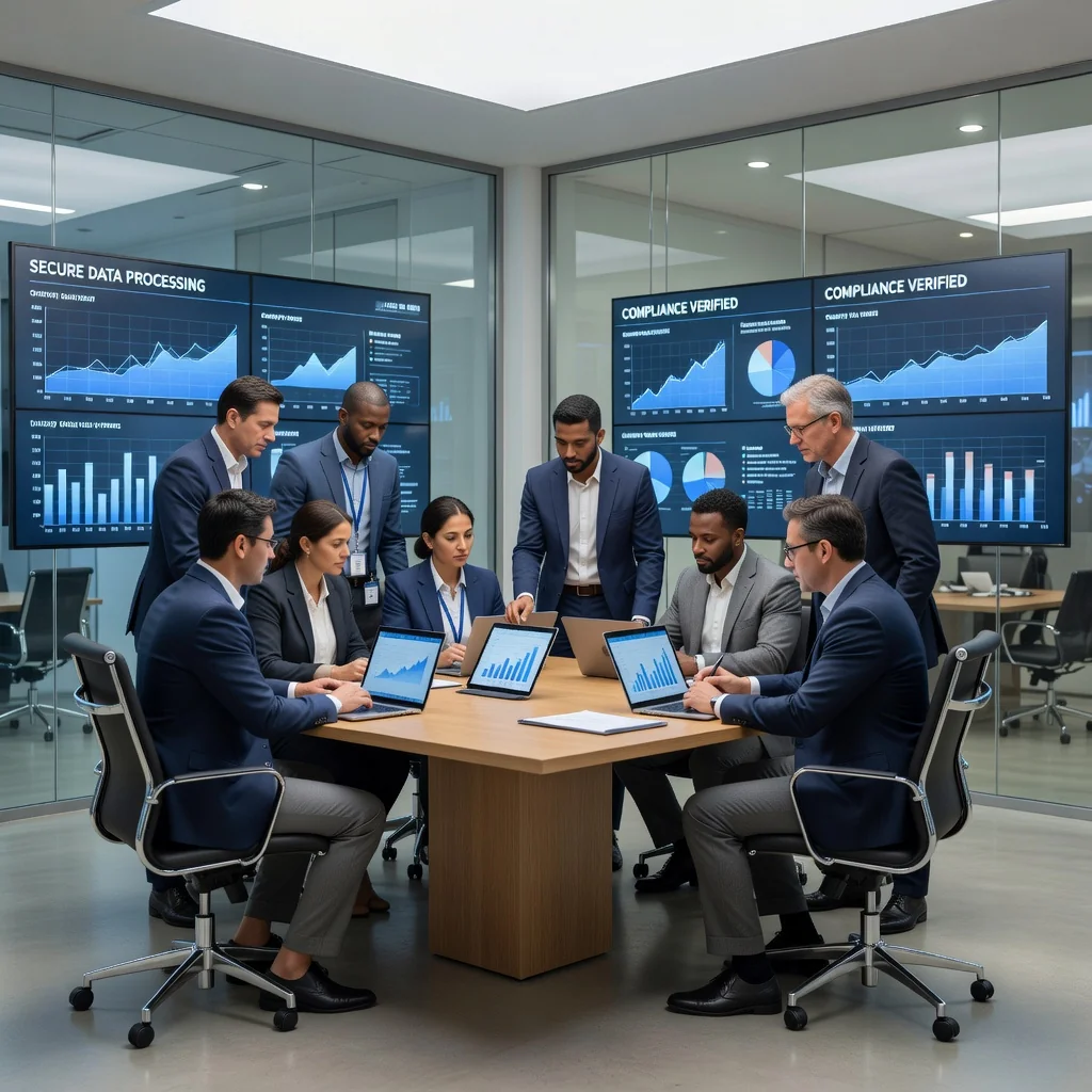 A professional office scene depicting data analysts and IT specialists collaborating on secure data processing tasks, symbolizing the protection and agreement aspects of data handling in a business environment, with computers, servers, and digital interfaces, no children present.