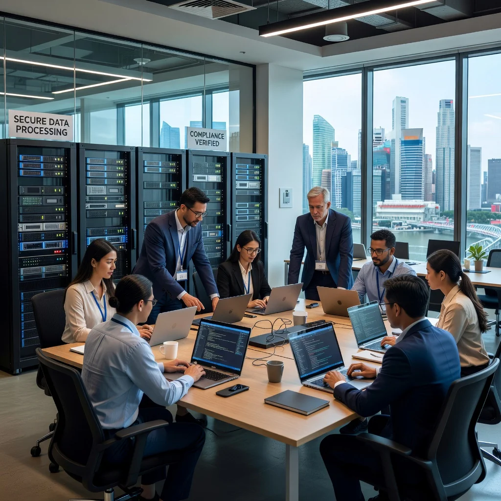 A professional scene in a modern Singapore office, showing diverse adults engaged in data processing activities on computers, symbolizing secure data handling and compliance, with subtle Singapore skyline in the background, no legal documents visible.