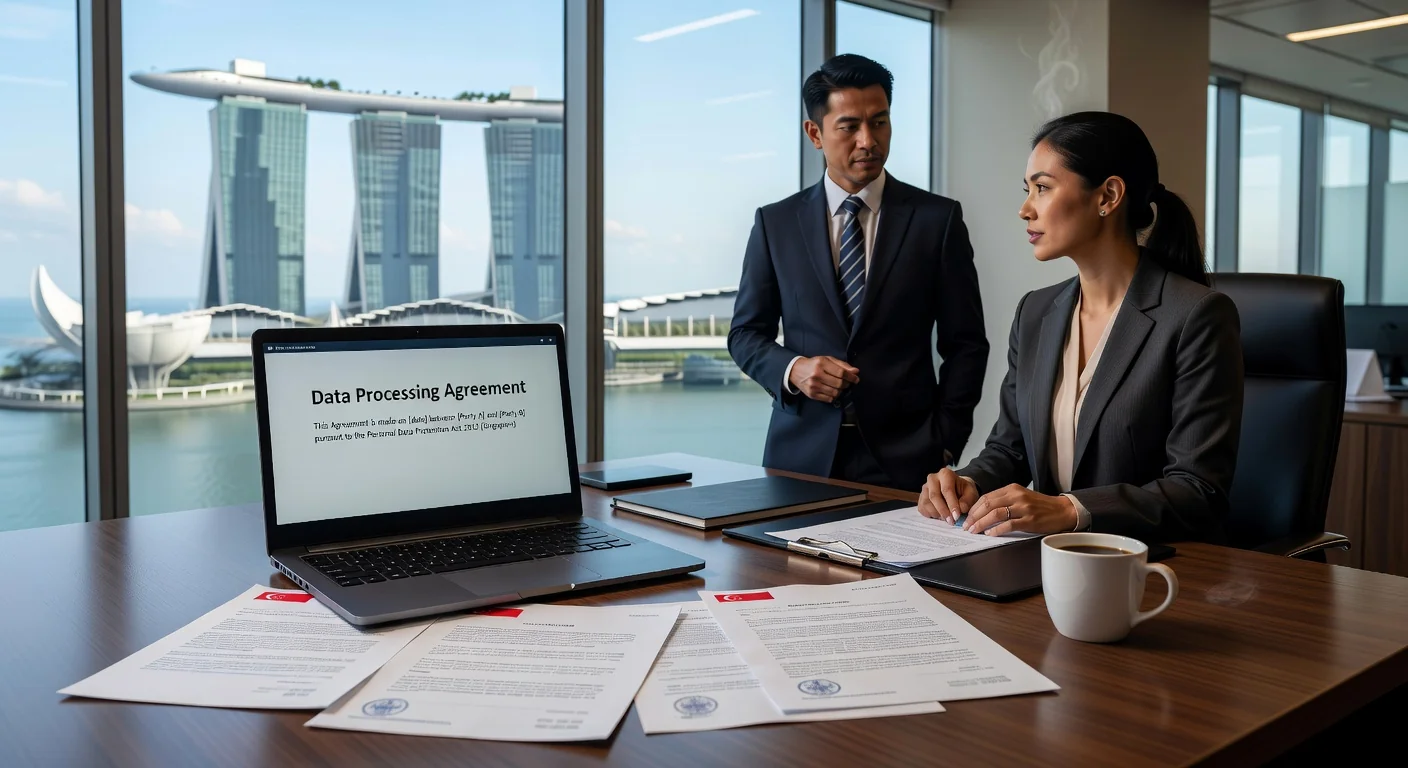 Singapore skyline with legal documents