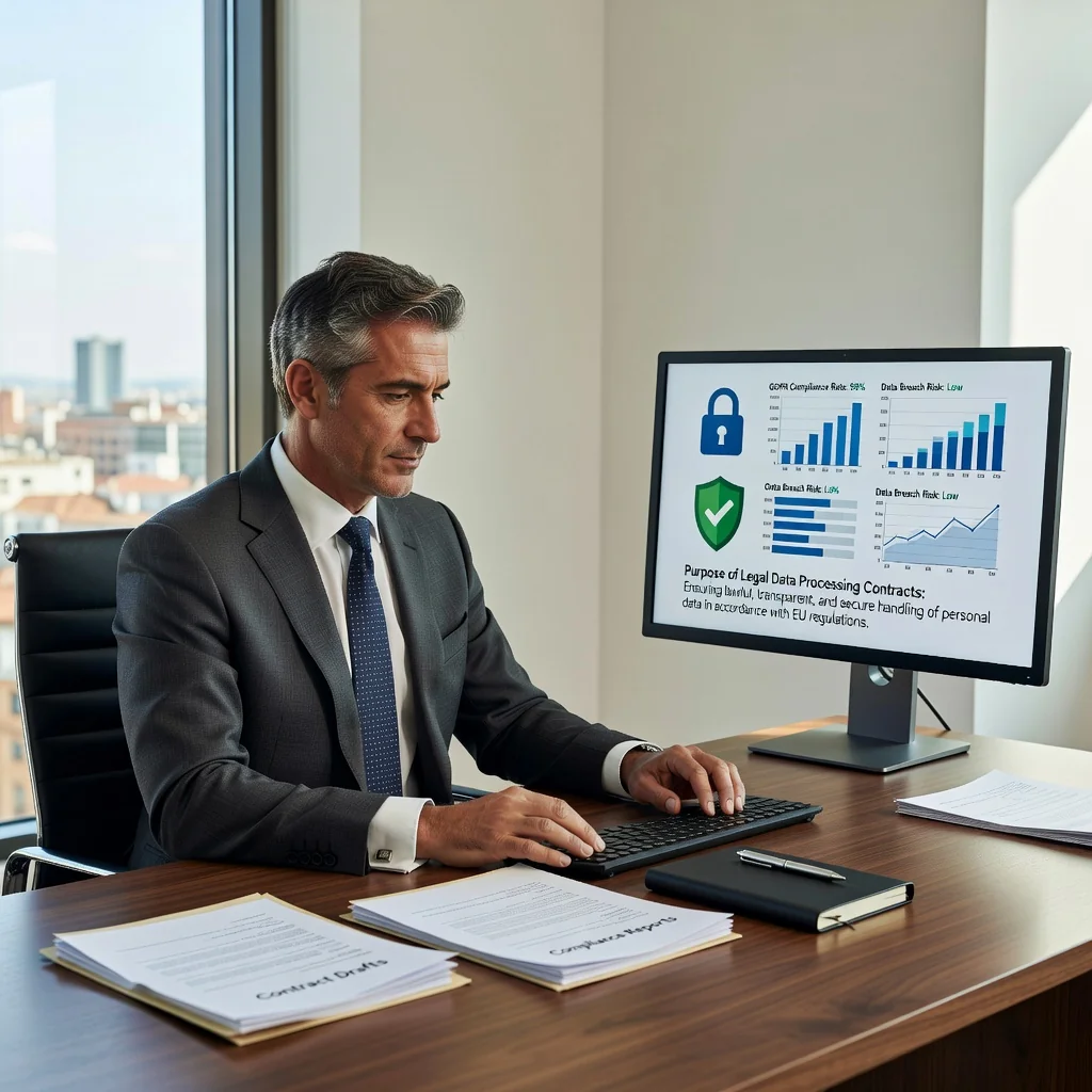 A professional setting in a modern Spanish office where a data protection officer or IT specialist is reviewing digital data privacy compliance on a computer, symbolizing secure data processing under legal contracts in Spain. The scene includes elements like EU GDPR flags or Spanish legal icons subtly in the background, with adults only, no children present.