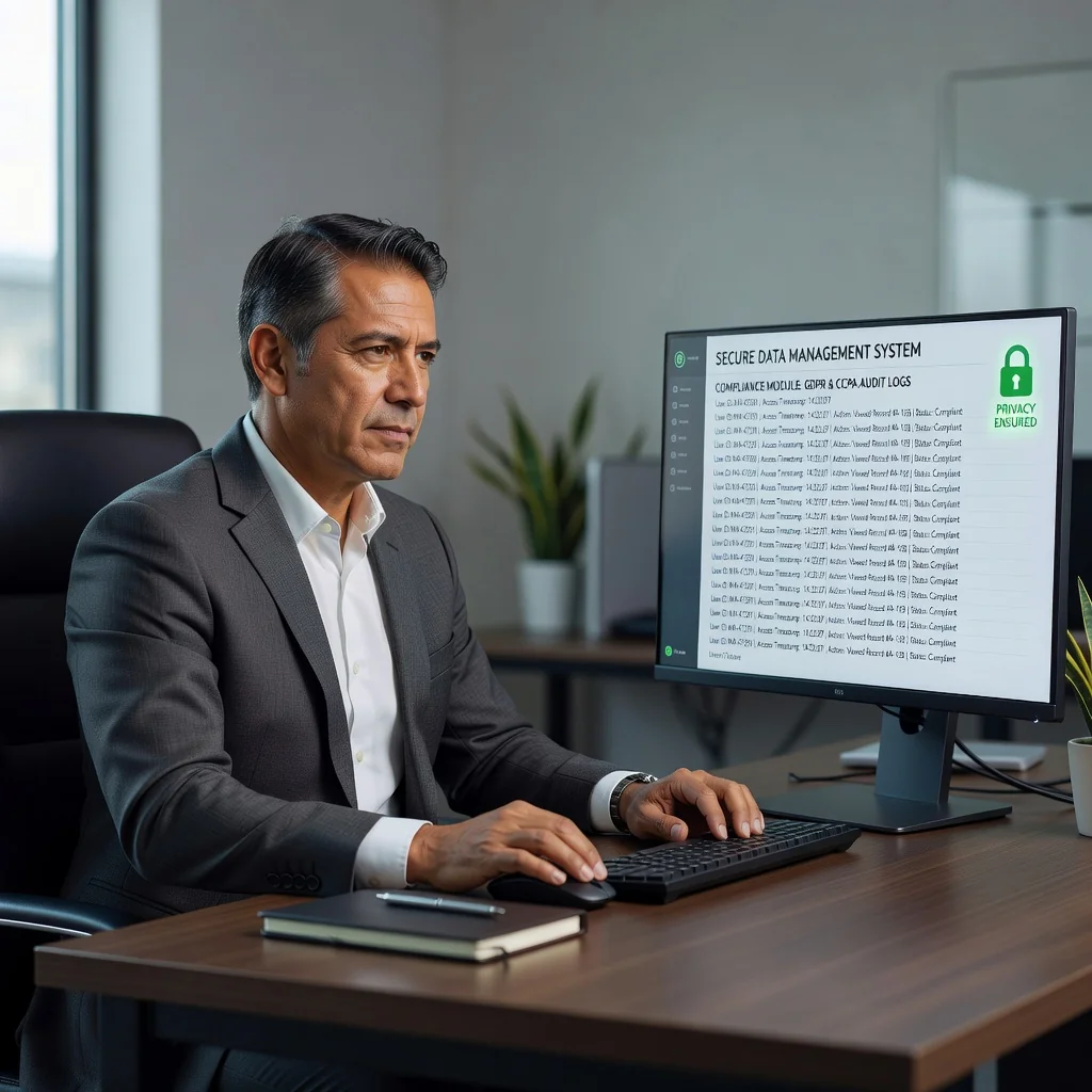 A professional scene representing data privacy and personal data handling in a Mexican business context, featuring an adult professional reviewing secure digital files on a computer in a modern office, with subtle Mexican cultural elements like a flag or architecture in the background, emphasizing trust and compliance without showing any documents.
