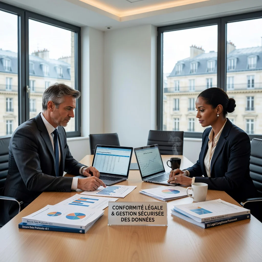 A photorealistic image of a professional business meeting in a modern French office, where adults are discussing data processing agreements, symbolizing trust and compliance in data handling, with subtle French elements like a flag or Eiffel Tower view in the background.