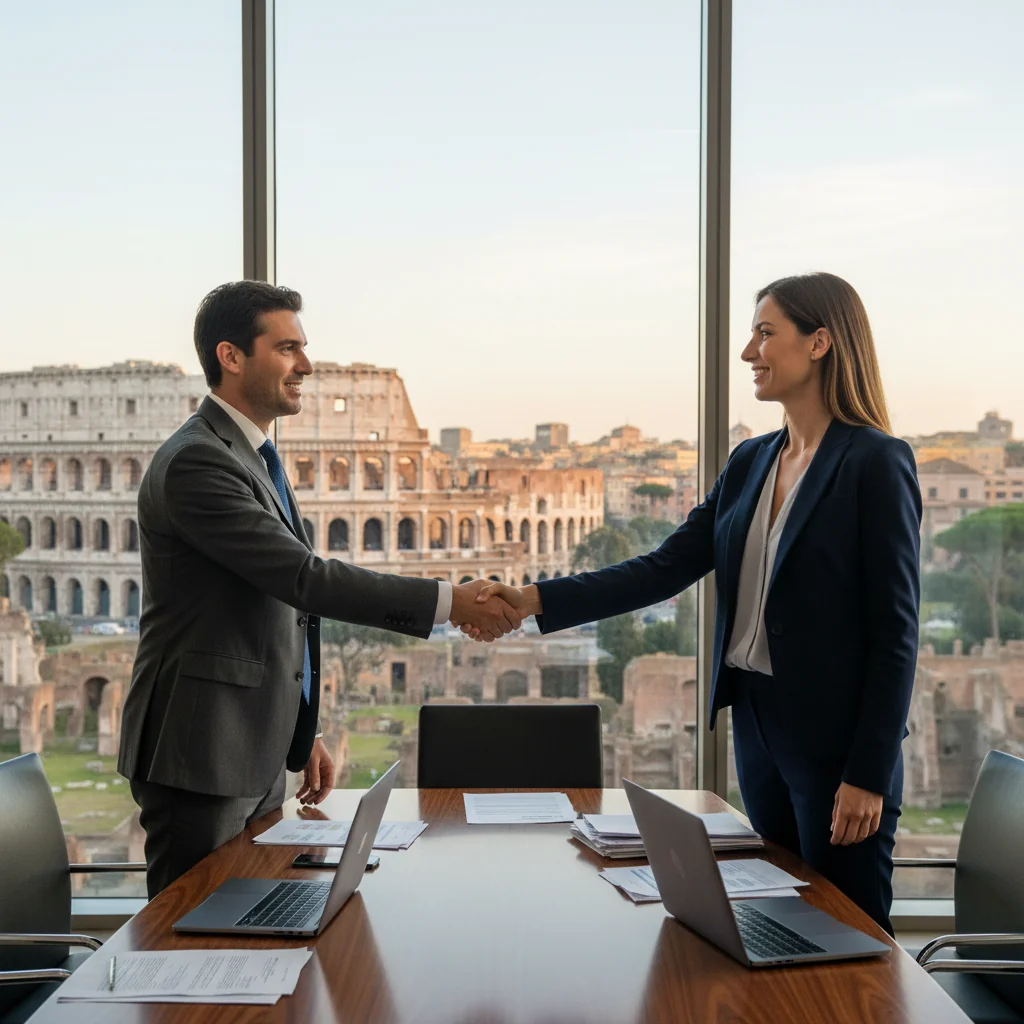 A photorealistic image of two Italian professionals in a modern office setting in Italy, shaking hands over a conference table with subtle Italian landmarks visible through the window, symbolizing a data processing agreement in a business context, conveying trust and collaboration in data handling.