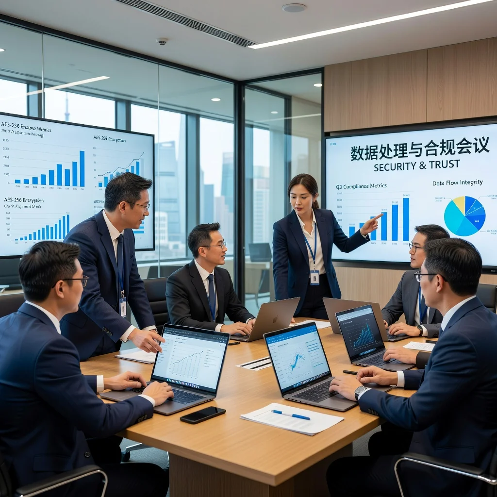 A professional business meeting in a modern Chinese office, with diverse adults discussing data management on laptops and charts, symbolizing data processing agreements, photorealistic style, no children present.
