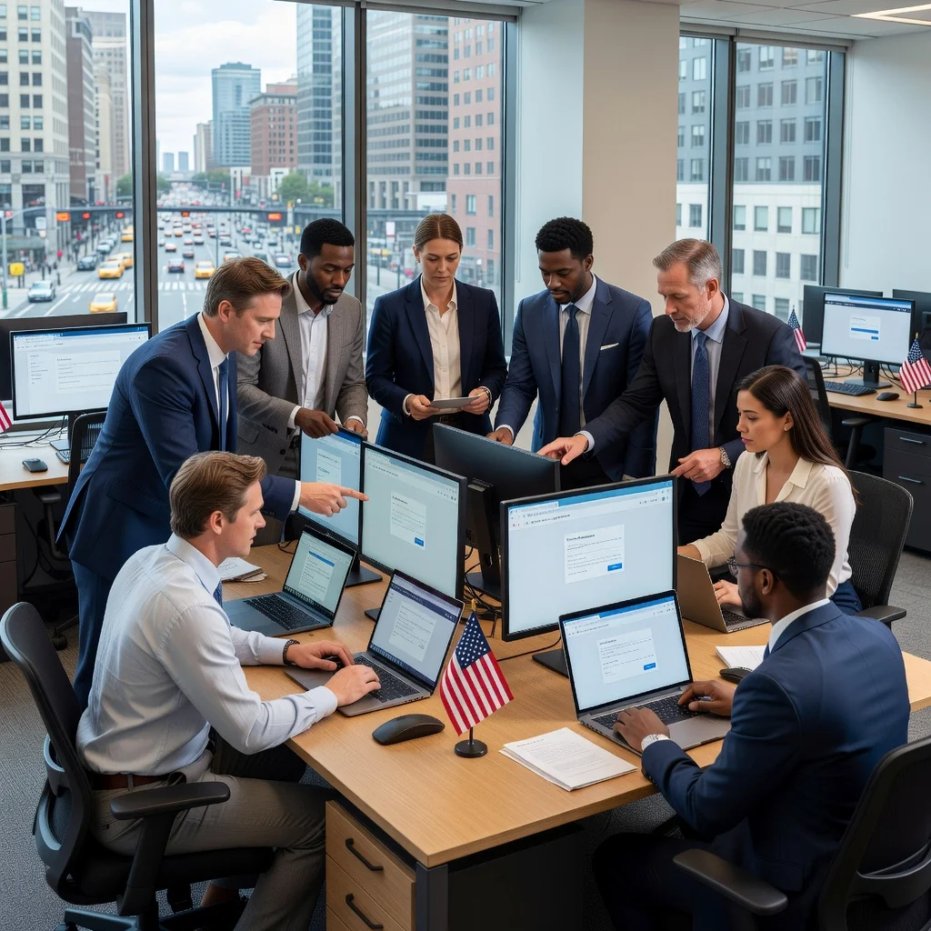 A photorealistic image of a diverse group of adults in a modern office setting, collaboratively reviewing digital privacy settings on multiple computer screens, with subtle cookie icons and data protection symbols in the background, conveying a sense of informed digital navigation and compliance in the US context.