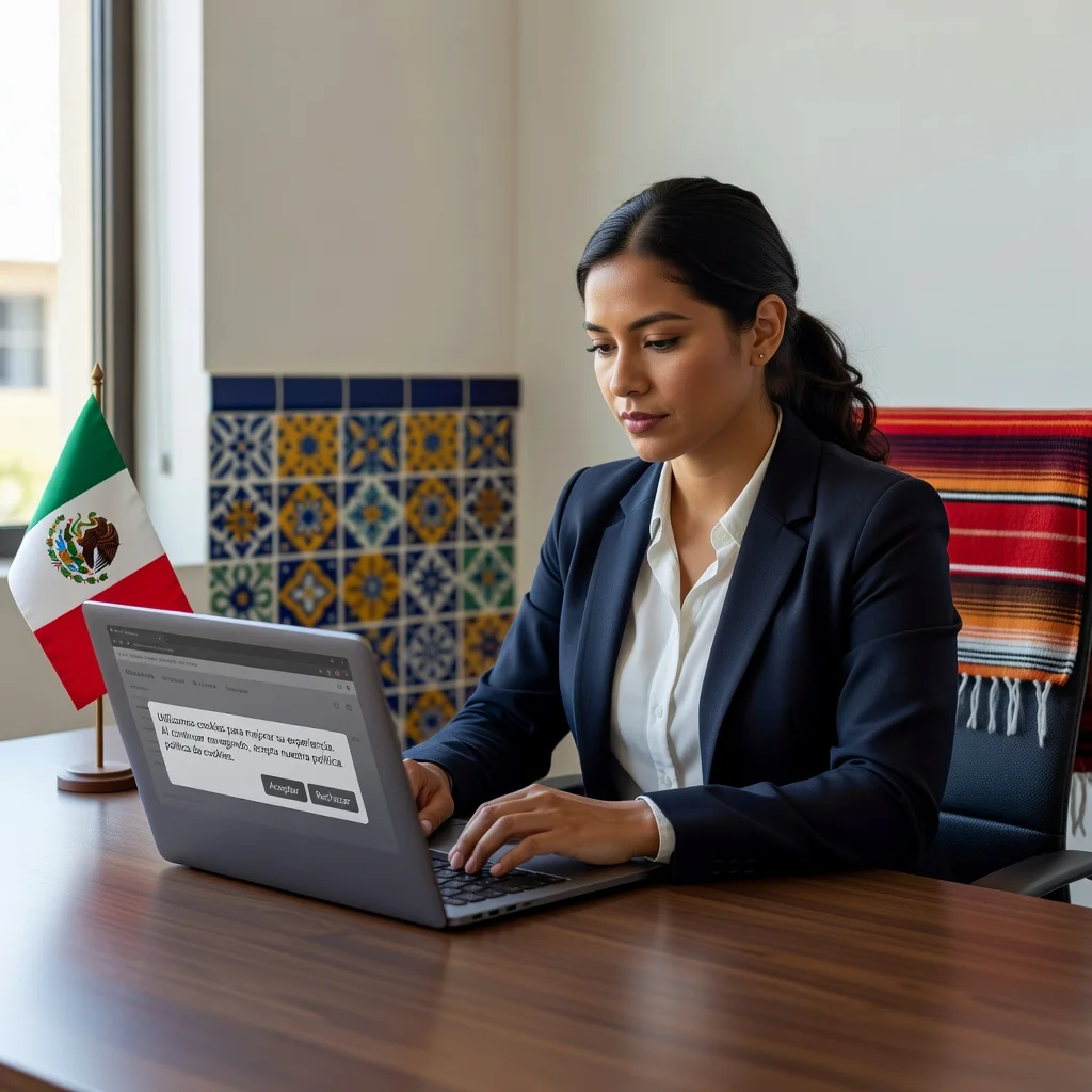 A photorealistic image of a professional Mexican web developer sitting at a modern desk in an office, carefully reviewing cookie compliance guidelines on a computer screen displaying a website with cookie consent pop-up, surrounded by elements like a Mexican flag subtly in the background and digital icons representing data privacy, conveying a sense of adherence to legal norms without focusing on documents.