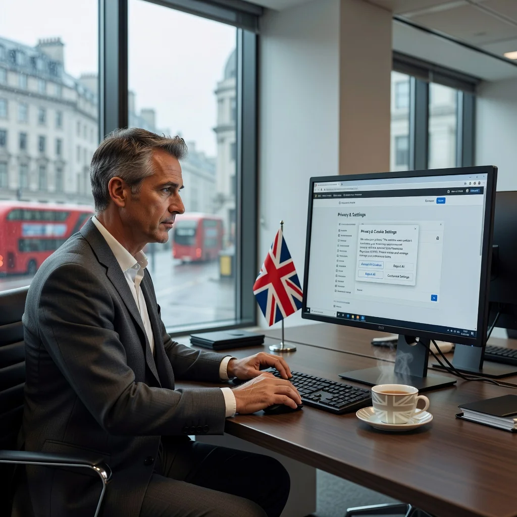 A photorealistic image depicting a professional adult in a modern office environment, thoughtfully reviewing digital privacy settings on a computer screen displaying cookie consent options, symbolizing data protection and user privacy in the UK under GDPR regulations. The scene should convey a sense of security and compliance without showing any legal documents.