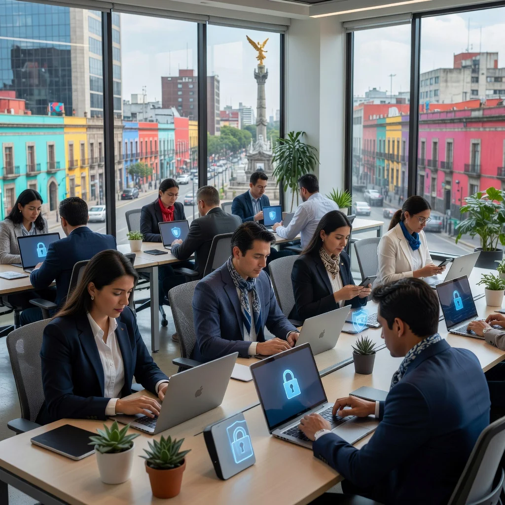 A photorealistic image representing the importance of cookie policies for privacy in Mexico, showing a diverse group of adults using laptops and smartphones in a modern office setting in Mexico City, with subtle digital locks and privacy shields overlaying the screens to symbolize data protection, vibrant urban Mexican background with landmarks like the Angel of Independence in the distance, conveying security and awareness without focusing on legal documents.