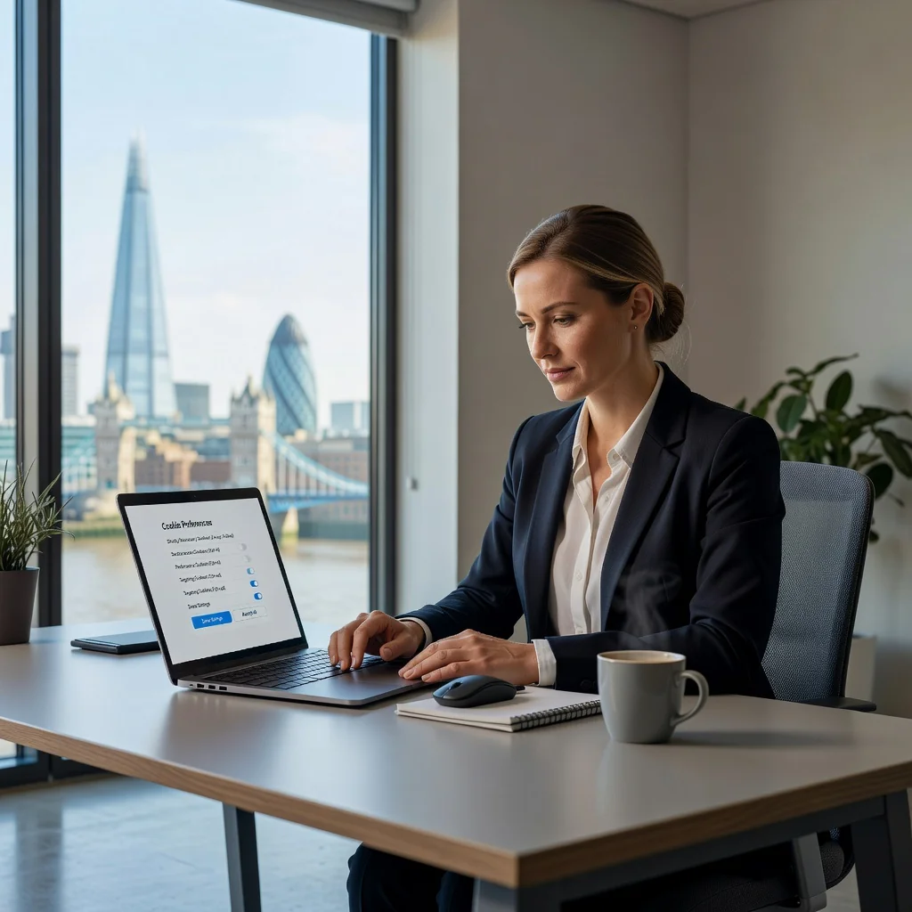 A photorealistic image of a professional adult woman working at a modern desk in a bright office, carefully reviewing a digital document on her laptop screen that displays cookie policy settings, with subtle UK flag elements in the background to represent the UK context. The scene emphasizes privacy and compliance in web usage, with no children present.