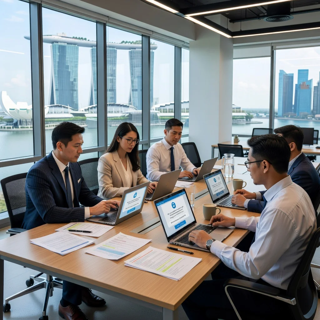 A photorealistic image of a modern Singaporean office environment with diverse adult professionals reviewing digital privacy settings on their computers, symbolizing compliance with website cookie policies, featuring elements like computer screens displaying consent banners and the Singapore skyline in the background through large windows, no children present.