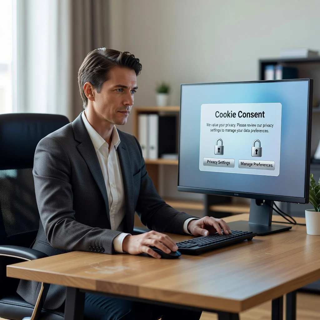 A photorealistic image representing data privacy and cookie consent in a digital context, showing an adult person looking at a computer screen with subtle privacy icons like locks and shields, emphasizing protection of personal data online without focusing on legal documents.