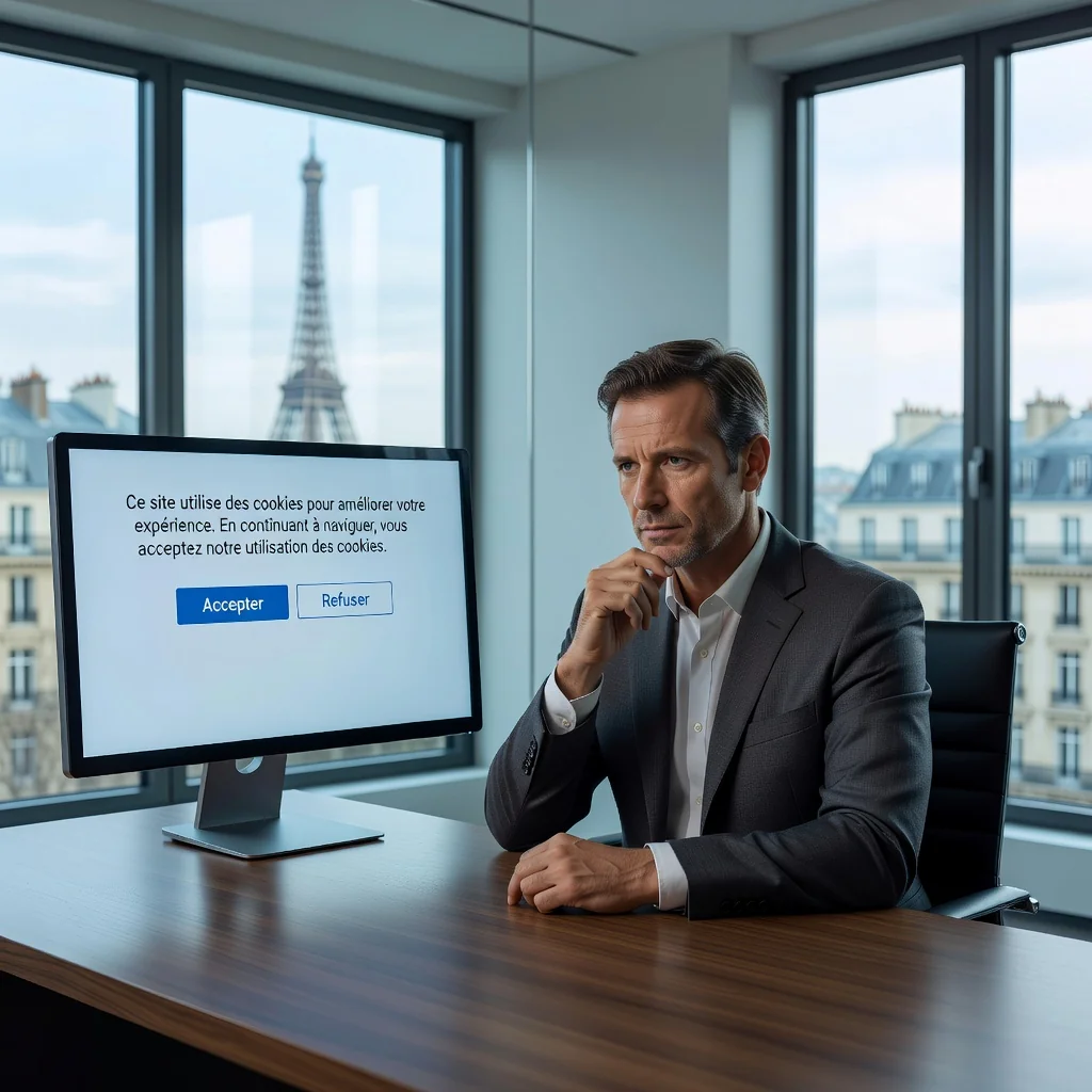 A photorealistic image of a professional French website developer sitting at a modern desk in a bright office, thoughtfully reviewing cookie consent popup on a computer screen displaying a French website, with subtle French flag elements in the background to evoke legal compliance on French web sites, no children present.