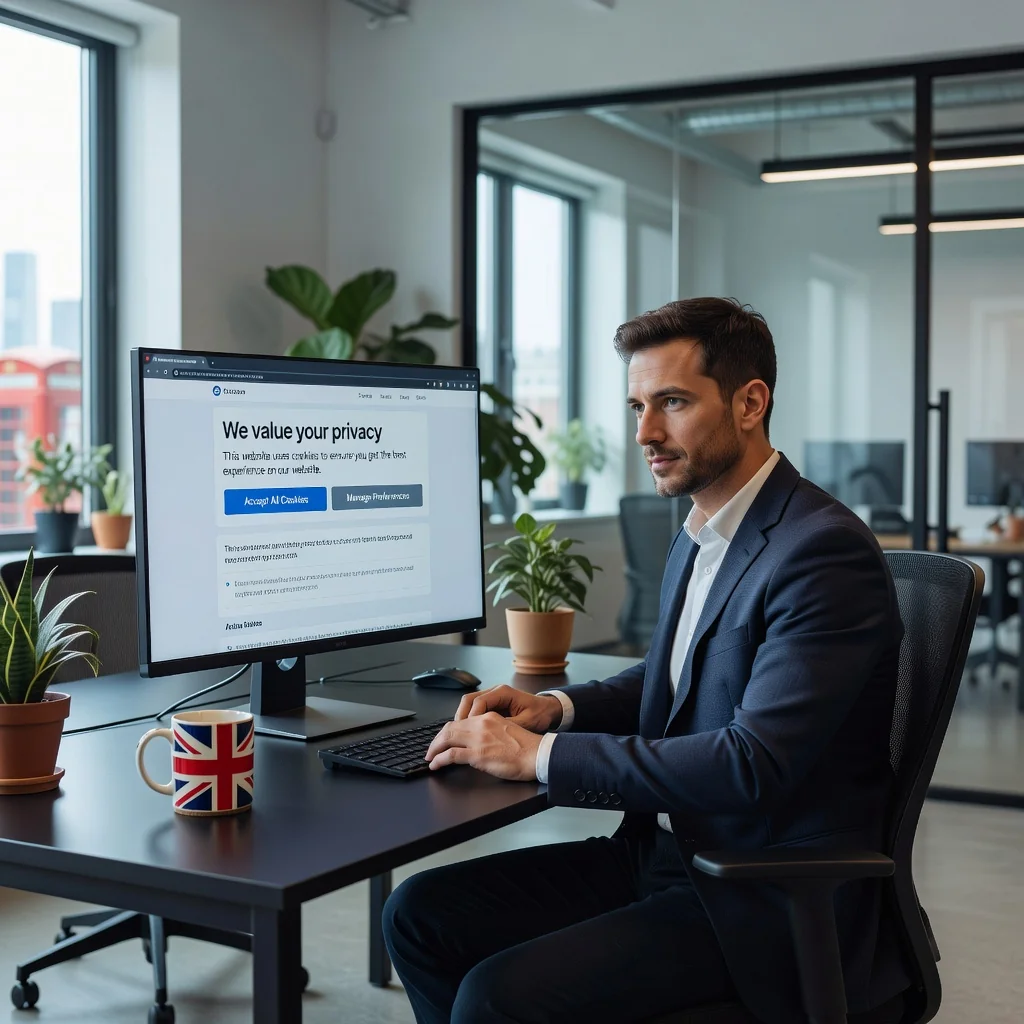 A photorealistic image of a professional web developer sitting at a modern desk in a bright office, focused on a computer screen displaying a UK website with a visible cookie consent banner. The scene conveys compliance and security in digital practices, with elements like a UK flag subtly in the background, ensuring a sense of trust and professionalism. No children are present in the image.