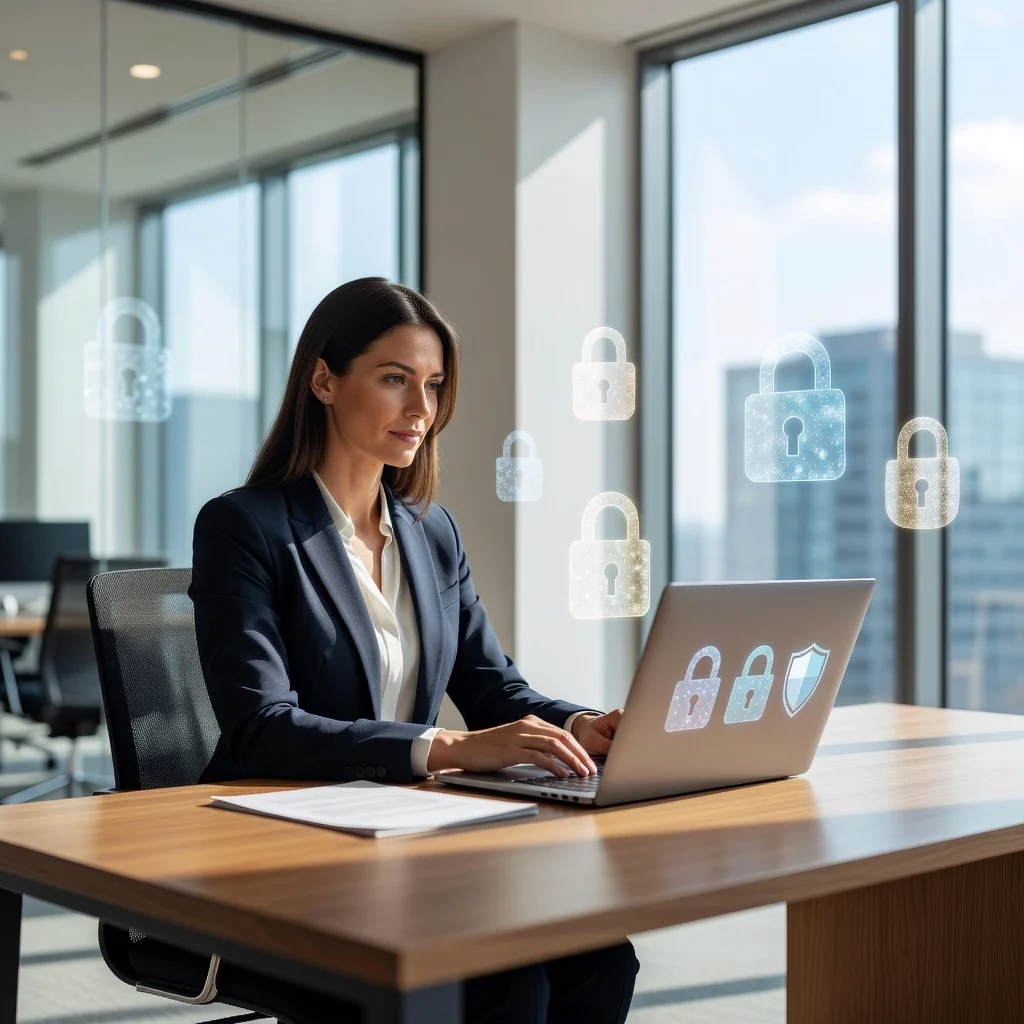 A photorealistic image of a professional woman in a modern office setting, confidently reviewing a digital privacy policy on her laptop screen, with subtle icons representing data protection and cookies in the background, symbolizing GDPR compliance without focusing on the document itself.