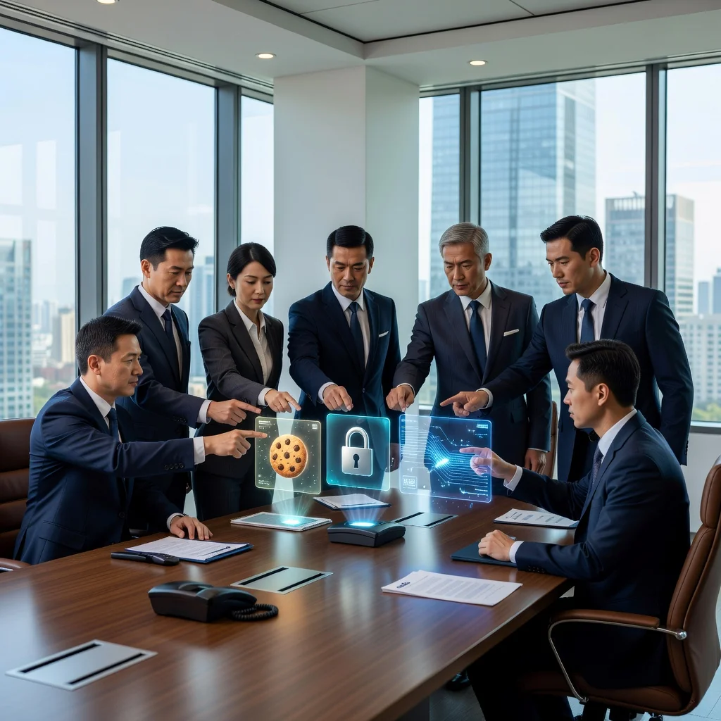 A photorealistic image of a diverse group of professional business people in a modern office setting, collaboratively reviewing digital privacy policies on large computer screens, symbolizing compliance and data protection in the context of China's cookie regulations. The scene conveys trust, security, and professional guidance without focusing on legal documents.