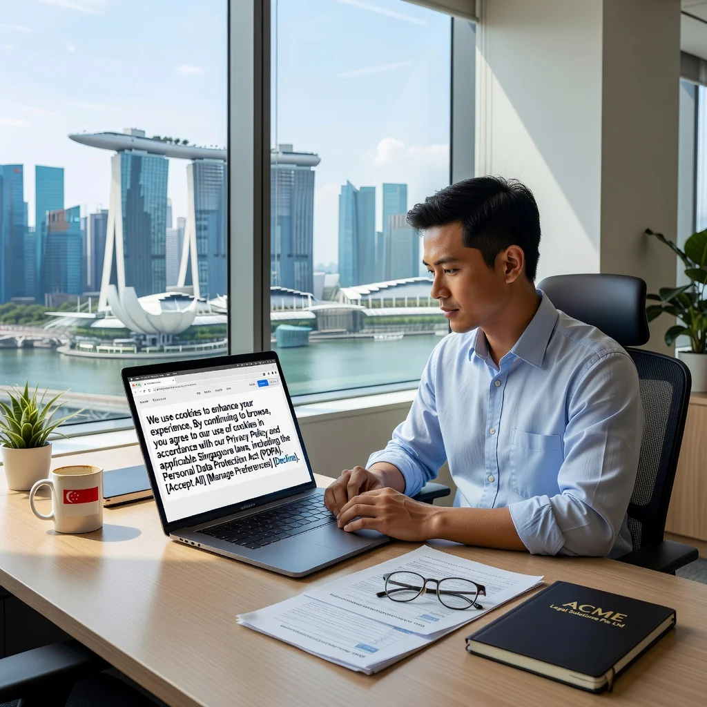 A photorealistic image of a professional adult sitting at a modern desk in an office, looking at a computer screen displaying a website with a cookie consent popup, symbolizing digital privacy and compliance in Singapore.